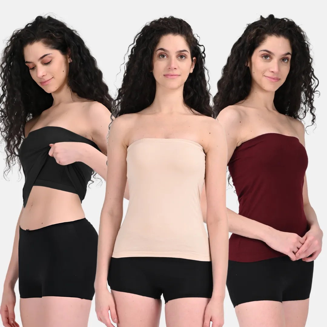 Tube Tank For Women | Off-Shoulder Design | Built-In Tube Bra | Anti-Slip Silicone Elastic | Body-Hugging Fit | Full Coverage | Soft Cotton Blend | Pack Of 3 - Image 14