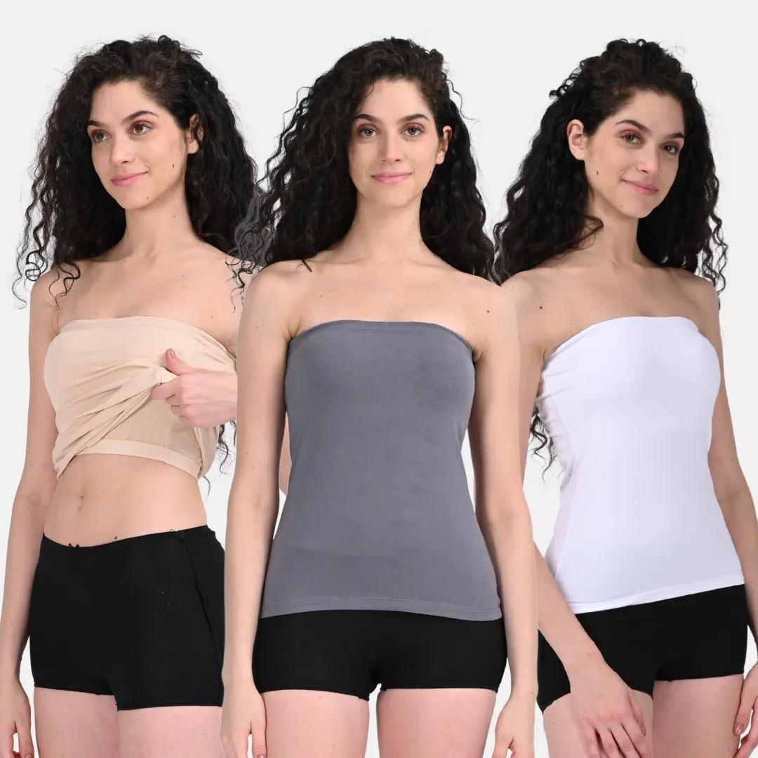 Tube Tank For Women | Off-Shoulder Design | Built-In Tube Bra | Anti-Slip Silicone Elastic | Body-Hugging Fit | Full Coverage | Soft Cotton Blend | Pack Of 3 - Image 7