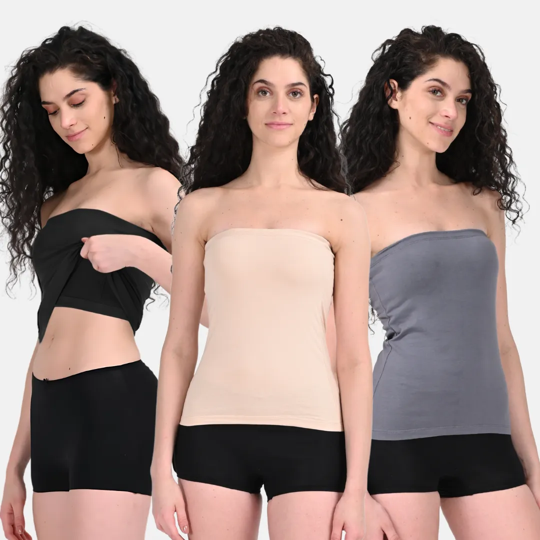 Tube Tank For Women | Off-Shoulder Design | Built-In Tube Bra | Anti-Slip Silicone Elastic | Body-Hugging Fit | Full Coverage | Soft Cotton Blend | Pack Of 3 - Image 8
