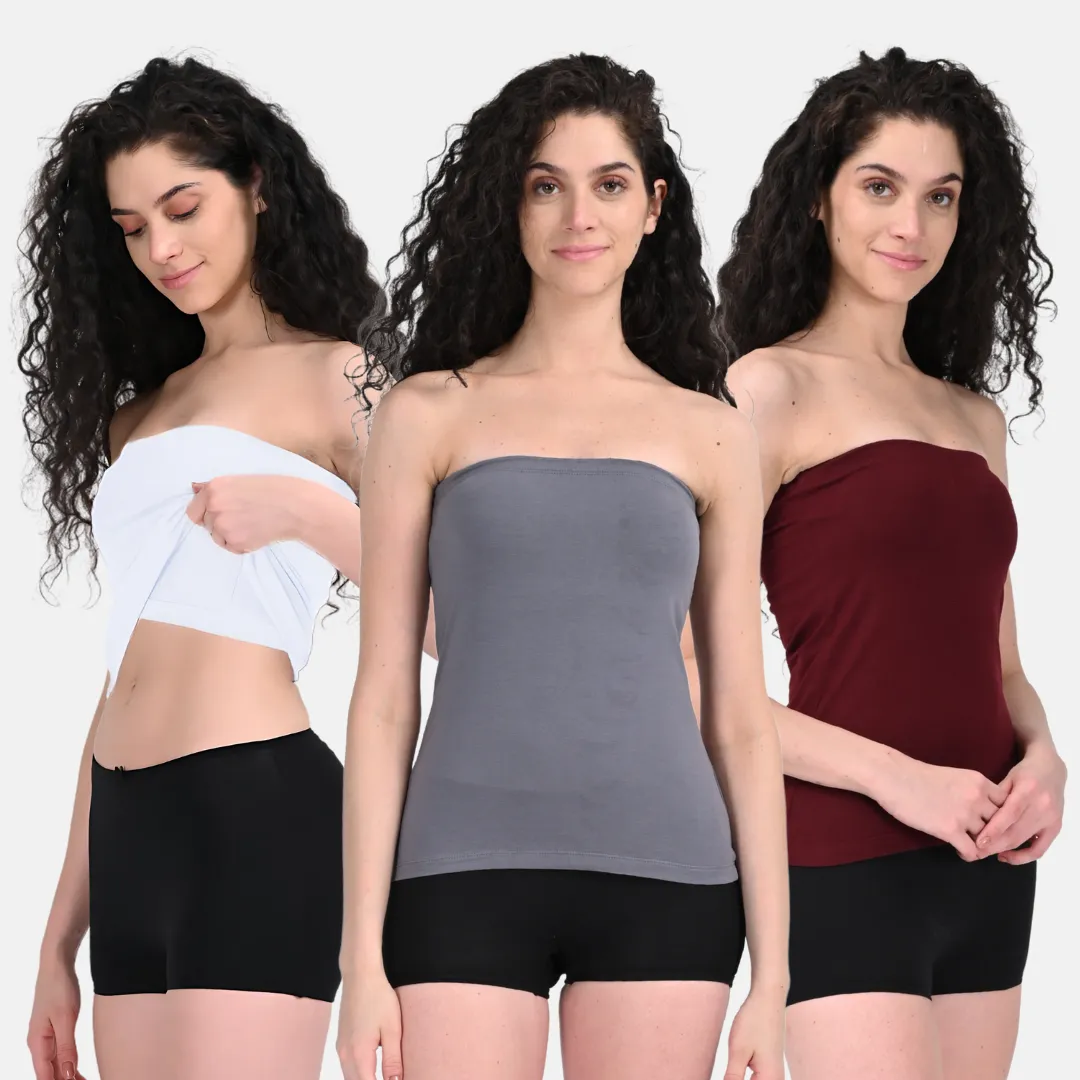 Tube Tank For Women | Off-Shoulder Design | Built-In Tube Bra | Anti-Slip Silicone Elastic | Body-Hugging Fit | Full Coverage | Soft Cotton Blend | Pack Of 3 - Image 9