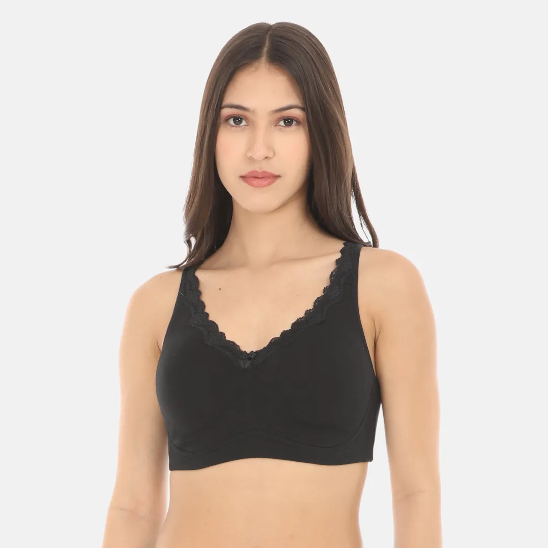 Cotton Bra | Lace Detailing | Full Coverage | Wire-Free & Non-Padded | Seamless Cups | No Centre Panel | Hidden Side Panels