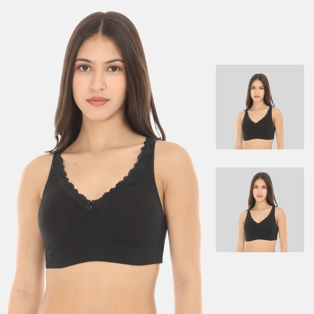 Cotton Bra | Lace Detailing | Full Coverage | Wire-Free & Non-Padded | Seamless Cups | No Centre Panel | Hidden Side Panels | 2 Pack