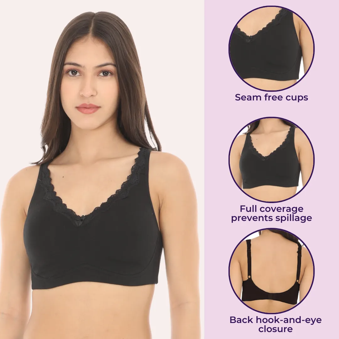 Cotton Bra | Lace Detailing | Full Coverage | Wire-Free & Non-Padded | Seamless Cups | No Centre Panel | Hidden Side Panels | 2 Pack - Image 2