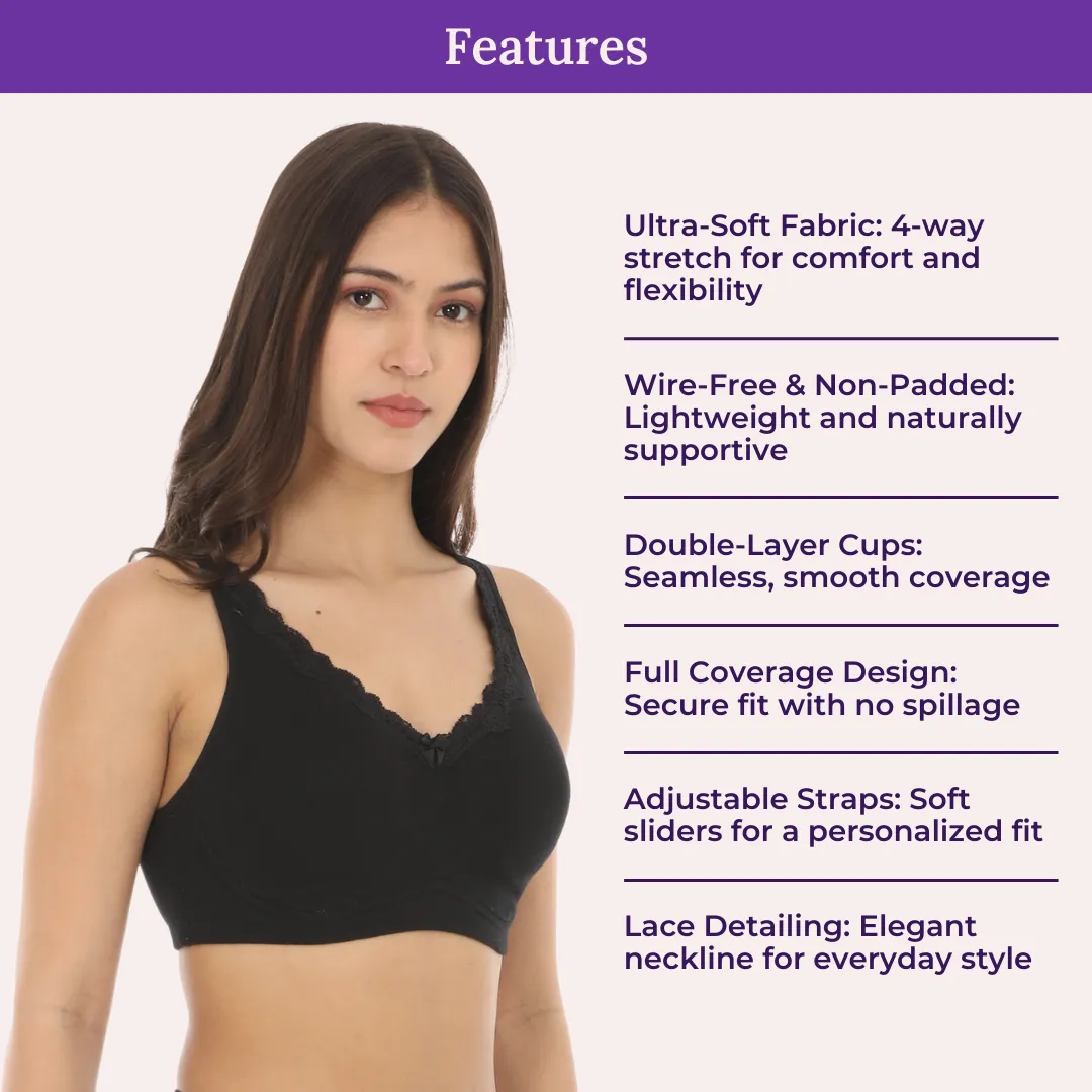 Cotton Bra | Lace Detailing | Full Coverage | Wire-Free & Non-Padded | Seamless Cups | No Centre Panel | Hidden Side Panels | 2 Pack - Image 4