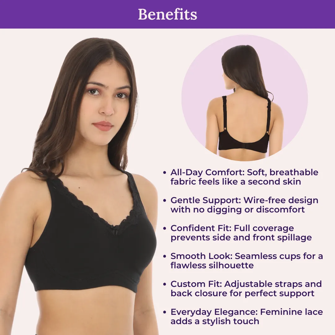 Cotton Bra | Lace Detailing | Full Coverage | Wire-Free & Non-Padded | Seamless Cups | No Centre Panel | Hidden Side Panels | 2 Pack - Image 5