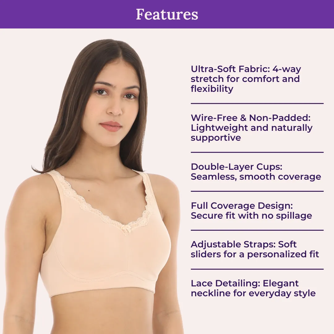 Cotton Bra | Lace Detailing | Full Coverage | Wire-Free & Non-Padded | Seamless Cups | No Centre Panel | Hidden Side Panels - Image 4