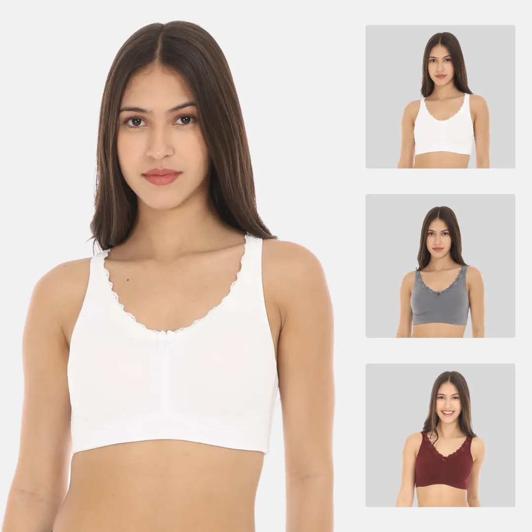 Cotton Bra | Lace Detailing | Full Coverage | Wire-Free & Non-Padded | Seamless Cups | No Centre Panel | Hidden Side Panels | 3 Pack
