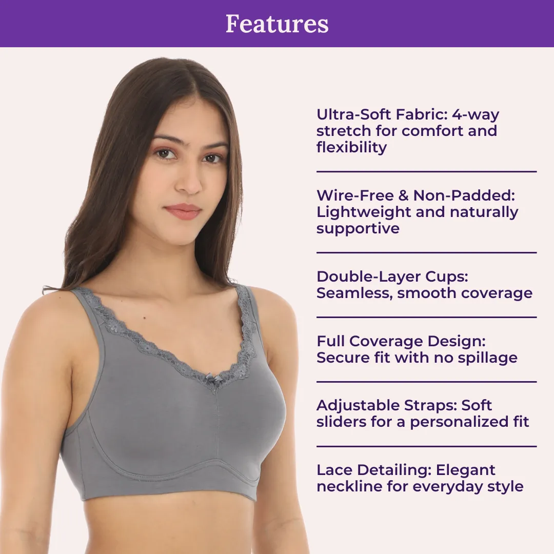 Cotton Bra | Lace Detailing | Full Coverage | Wire-Free & Non-Padded | Seamless Cups | No Centre Panel | Hidden Side Panels | 2 Pack - Image 4