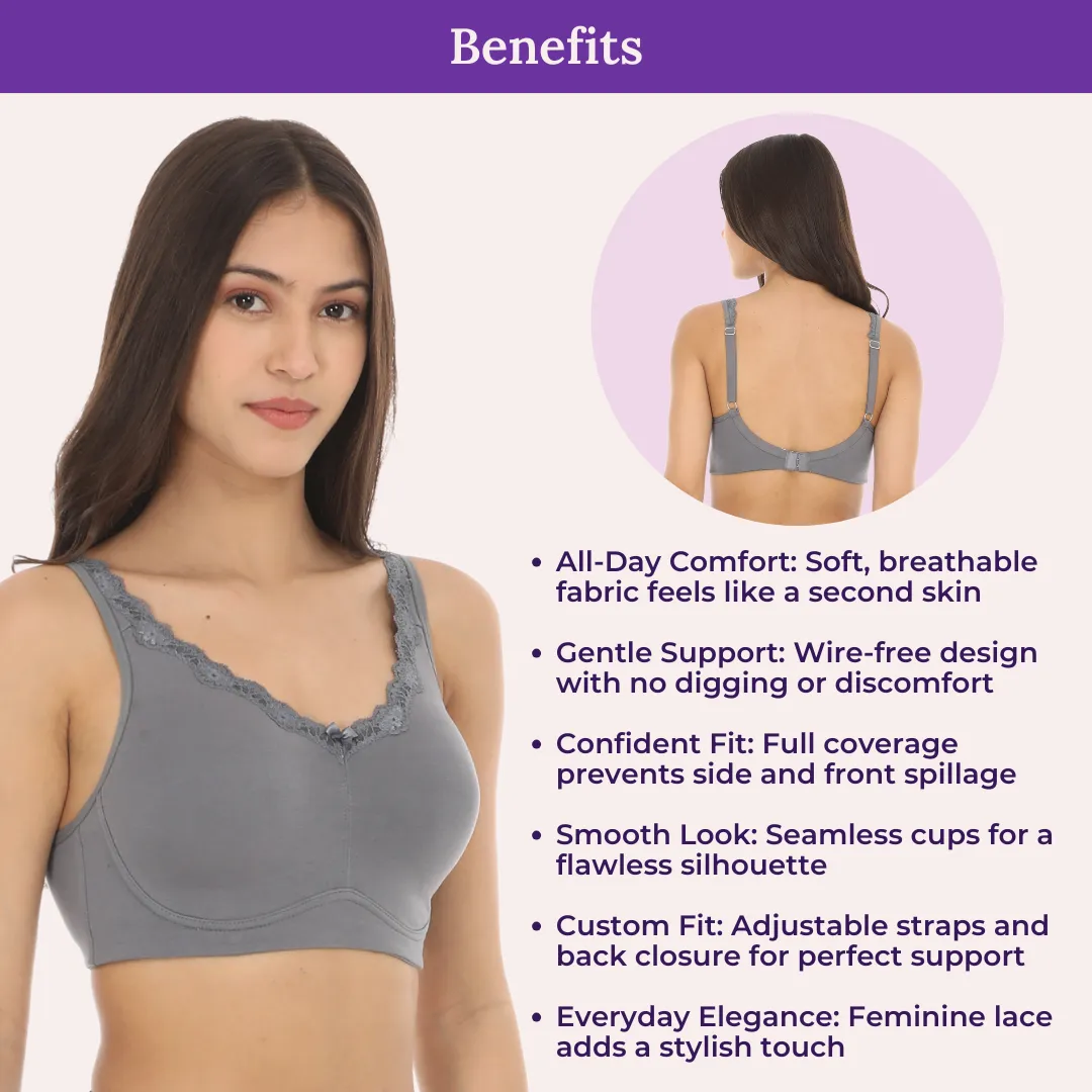 Cotton Bra | Lace Detailing | Full Coverage | Wire-Free & Non-Padded | Seamless Cups | No Centre Panel | Hidden Side Panels | 2 Pack - Image 5