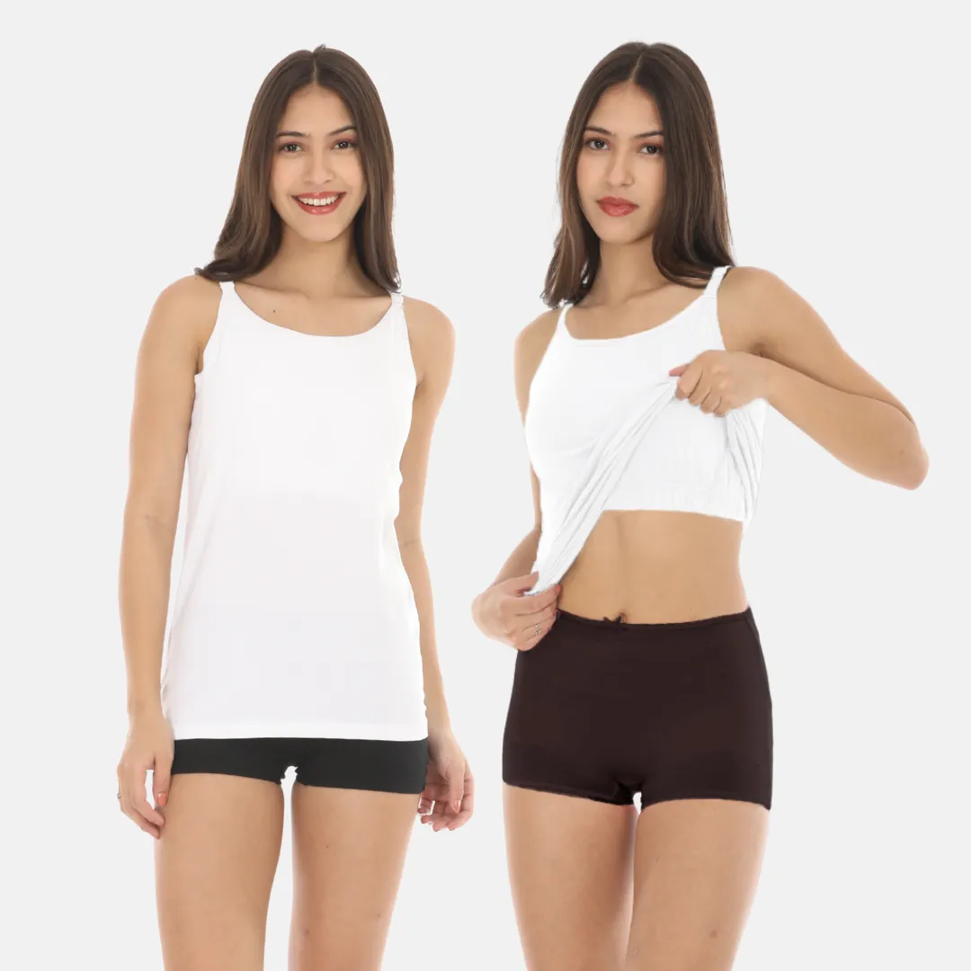Camisole With Built-In Bra | Full Coverage | Wire-Free | Removable Cups | Adjustable Straps | Soft Cotton Fabric | Sleek Fitted Design | Pack Of 2