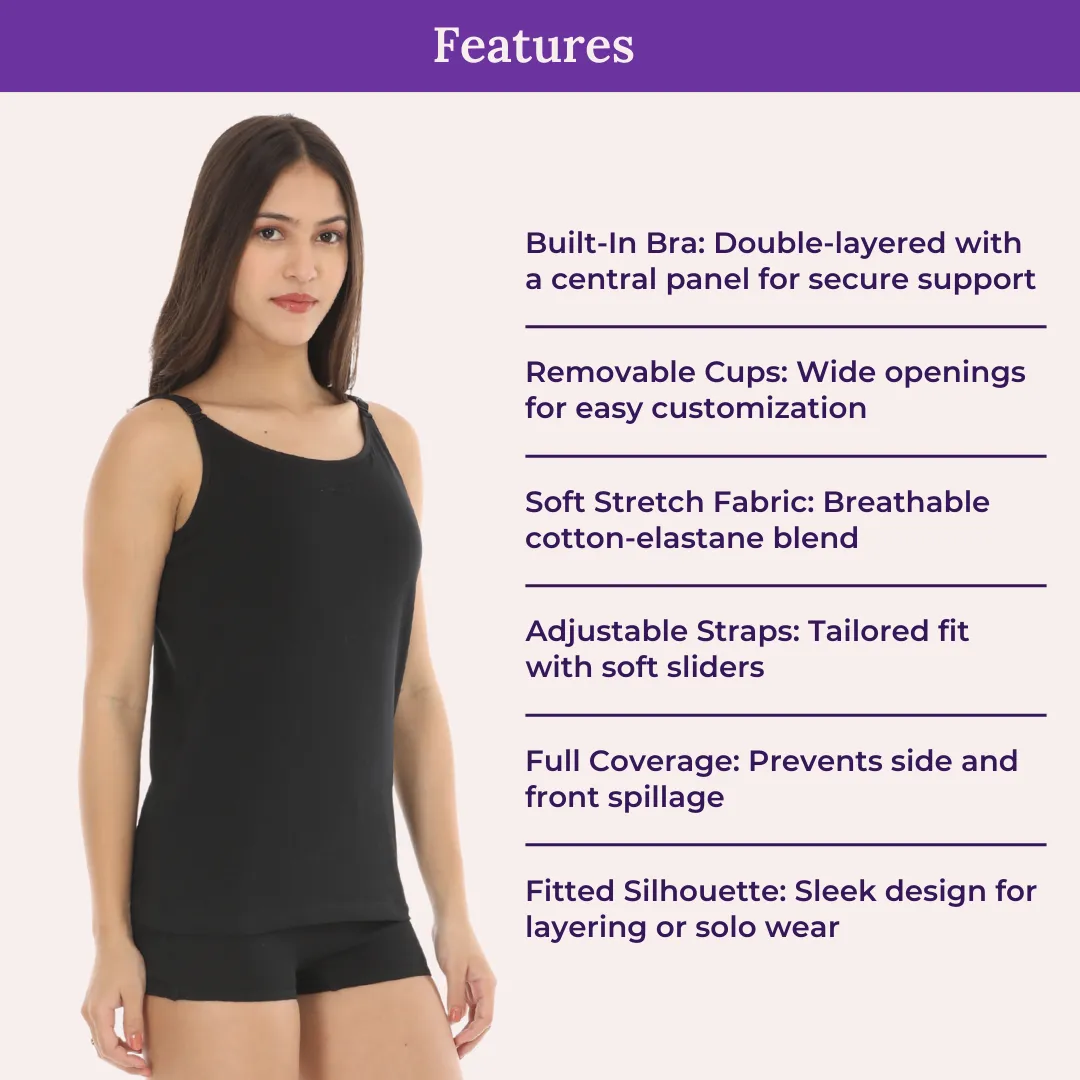 Camisole With Built-In Bra | Full Coverage | Wire-Free | Removable Cups | Adjustable Straps | Soft Cotton Fabric | Sleek Fitted Design | Pack Of 2 - Image 4