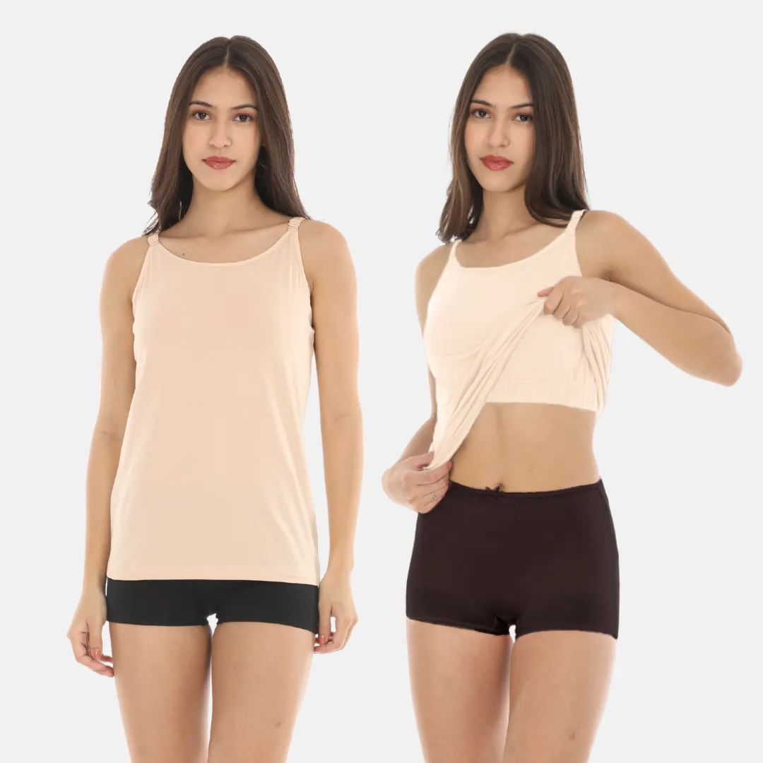Camisole With Built-In Bra | Full Coverage | Wire-Free | Removable Cups | Adjustable Straps | Soft Cotton Fabric | Sleek Fitted Design | Pack Of 2 - Image 8