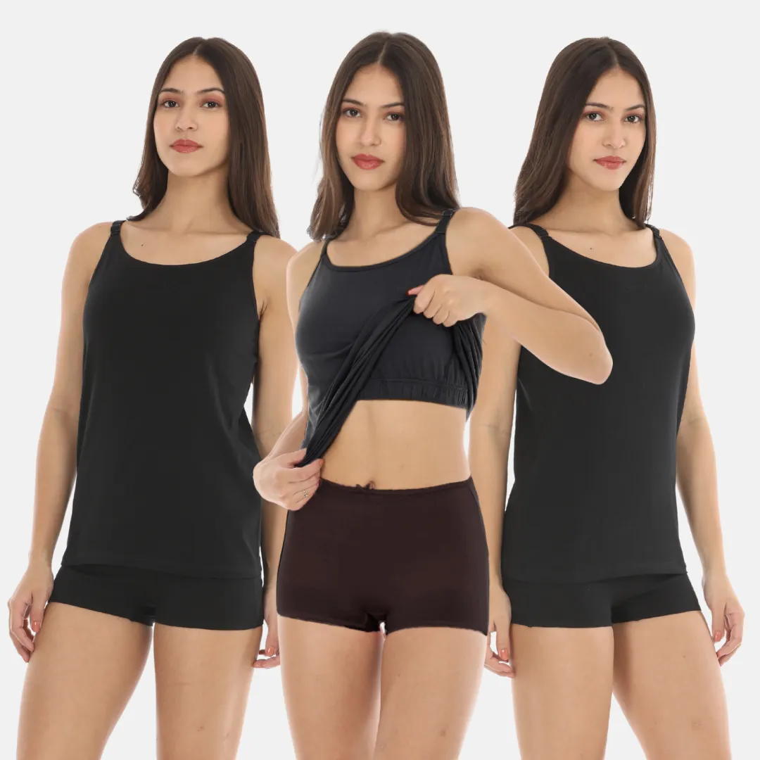 Camisole With Built-In Bra | Full Coverage | Wire-Free | Removable Cups | Adjustable Straps | Soft Cotton Fabric | Sleek Fitted Design | Pack Of 3