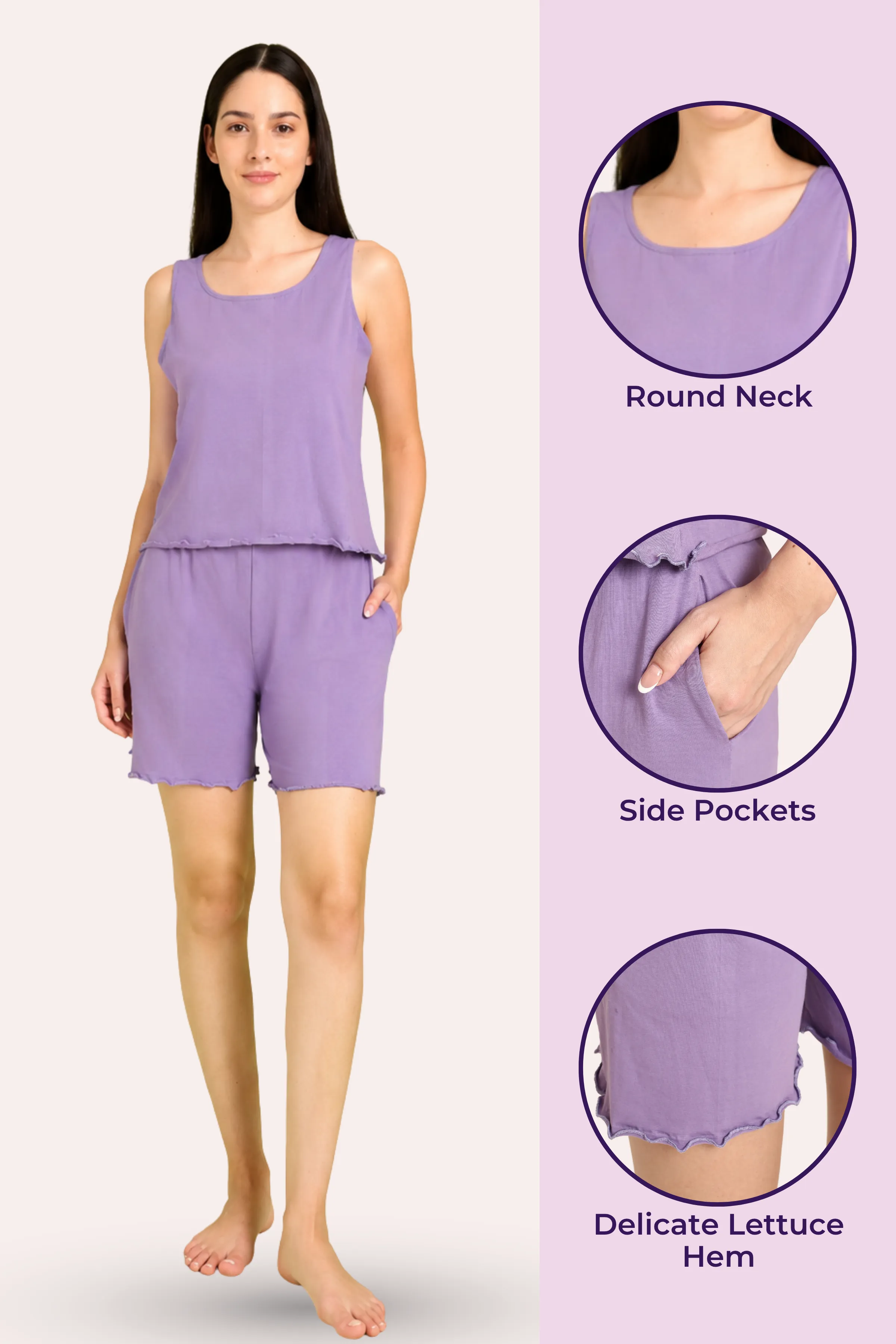 Calmwear Lounge Set | Tank Top & Shorts | Sweet Lavender Fragrance Embedded | Lasts 15-20 washes | Soft Skin Friendly Cotton - Image 2