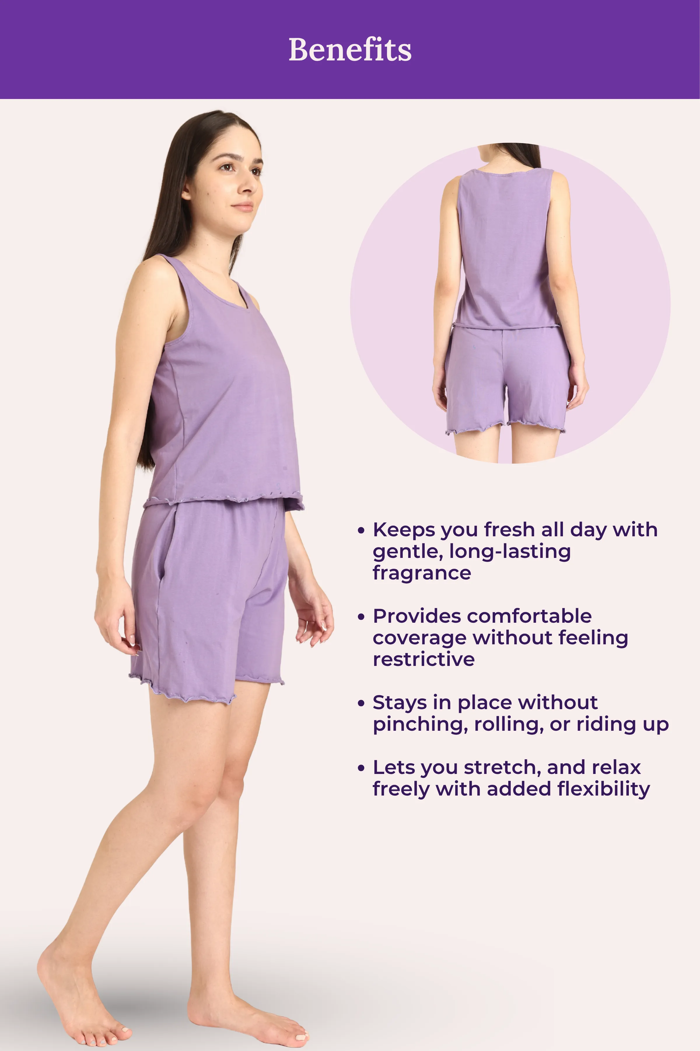 Calmwear Lounge Set | Tank Top & Shorts | Sweet Lavender Fragrance Embedded | Lasts 15-20 washes | Soft Skin Friendly Cotton - Image 5