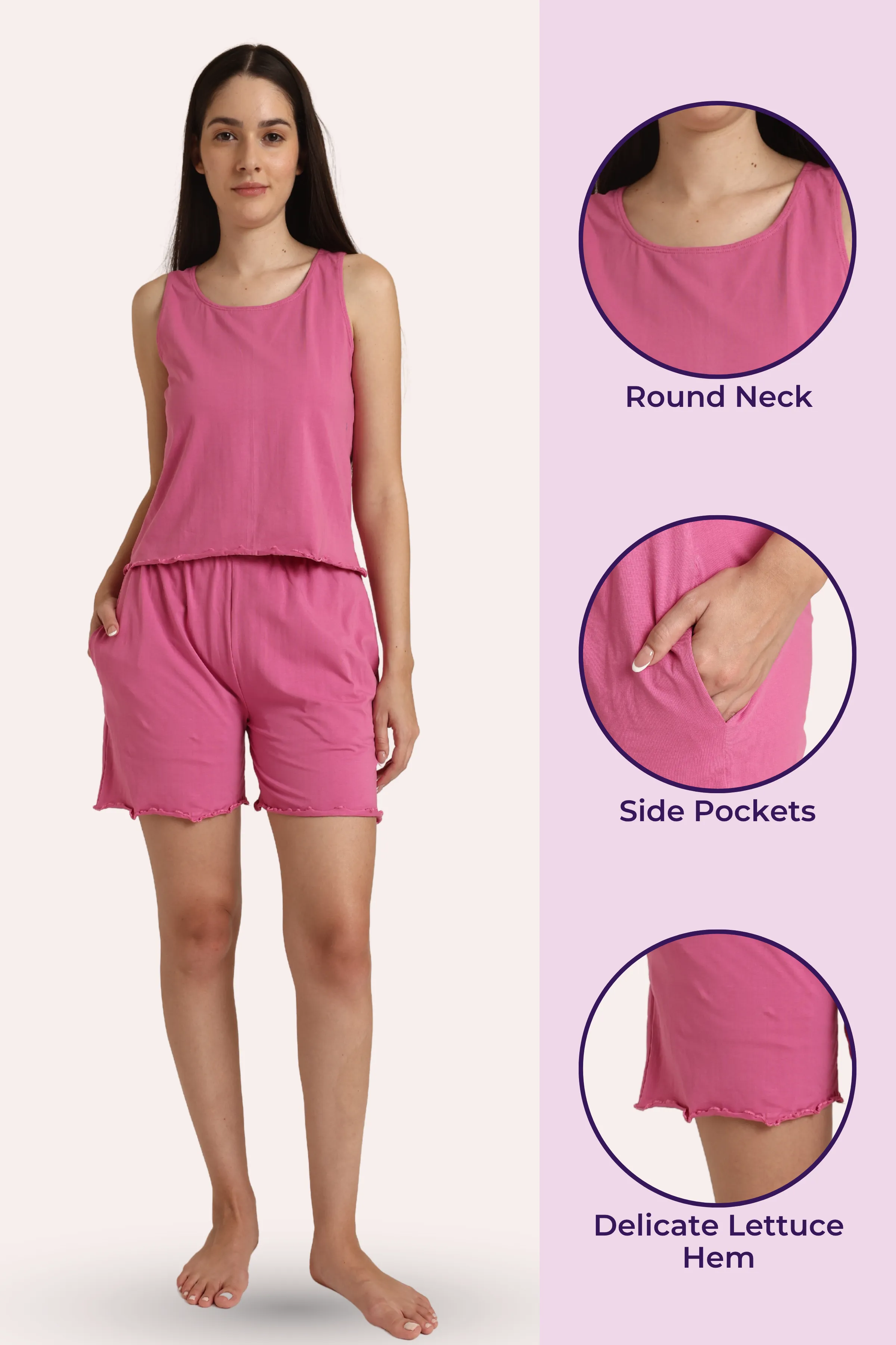 Calmwear Lounge Set | Tank Top & Shorts | Fresh Rose Fragrance Embedded | Lasts 15-20 washes | Soft Skin Friendly Cotton - Image 2