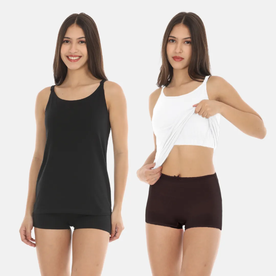 Camisole With Built-In Bra | Full Coverage | Wire-Free | Removable Cups | Adjustable Straps | Soft Cotton Fabric | Sleek Fitted Design | Pack Of 2