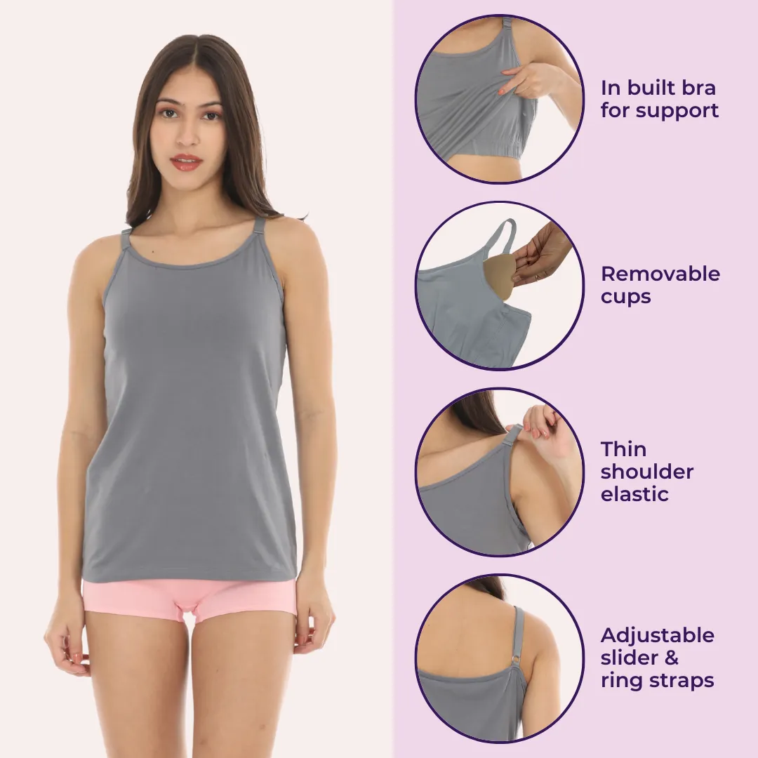Camisole With Built-In Bra | Full Coverage | Wire-Free | Removable Cups | Adjustable Straps | Soft Cotton Fabric | Sleek Fitted Design | Pack Of 2 - Image 2