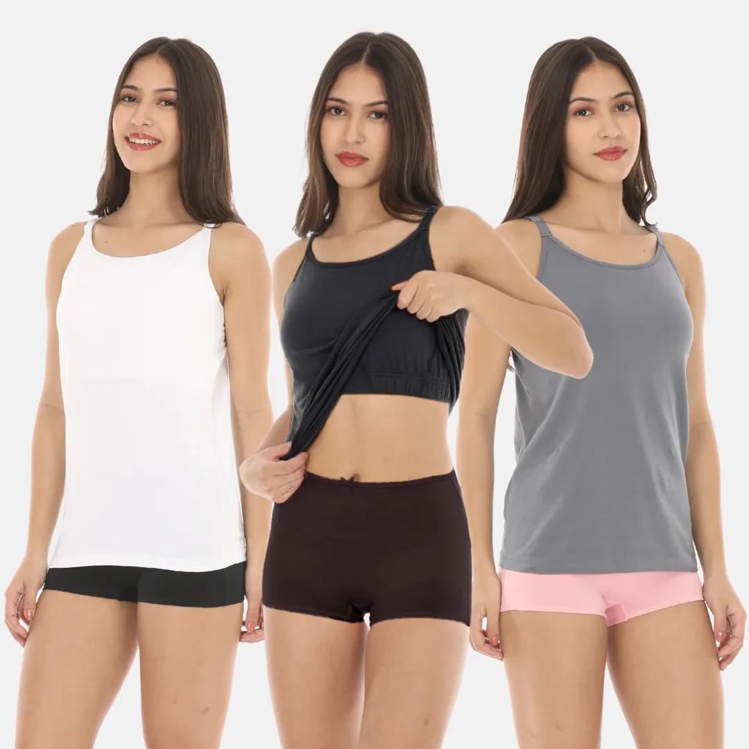 Camisole With Built-In Bra | Full Coverage | Wire-Free | Removable Cups | Adjustable Straps | Soft Cotton Fabric | Sleek Fitted Design | Pack Of 3