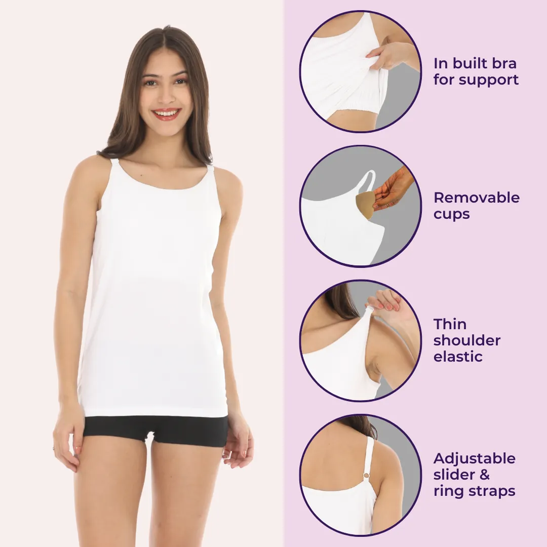 Camisole With Built-In Bra | Full Coverage | Wire-Free | Removable Cups | Adjustable Straps | Soft Cotton Fabric | Sleek Fitted Design | Pack Of 3 - Image 2