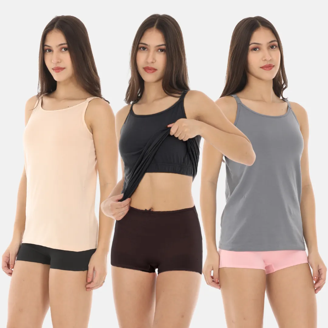 Camisole With Built-In Bra | Full Coverage | Wire-Free | Removable Cups | Adjustable Straps | Soft Cotton Fabric | Sleek Fitted Design | Pack Of 3 - Image 6