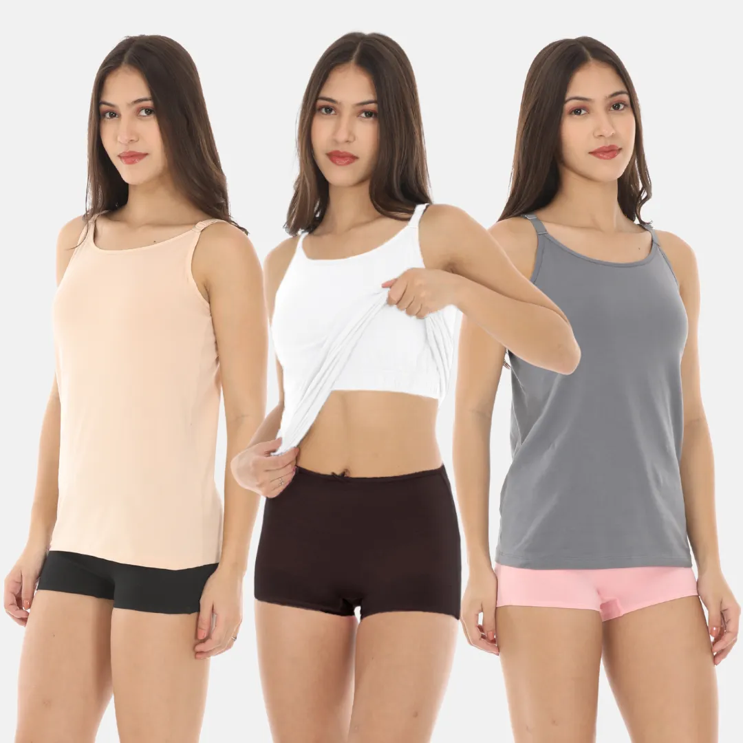 Camisole With Built-In Bra | Full Coverage | Wire-Free | Removable Cups | Adjustable Straps | Soft Cotton Fabric | Sleek Fitted Design | Pack Of 3 - Image 8