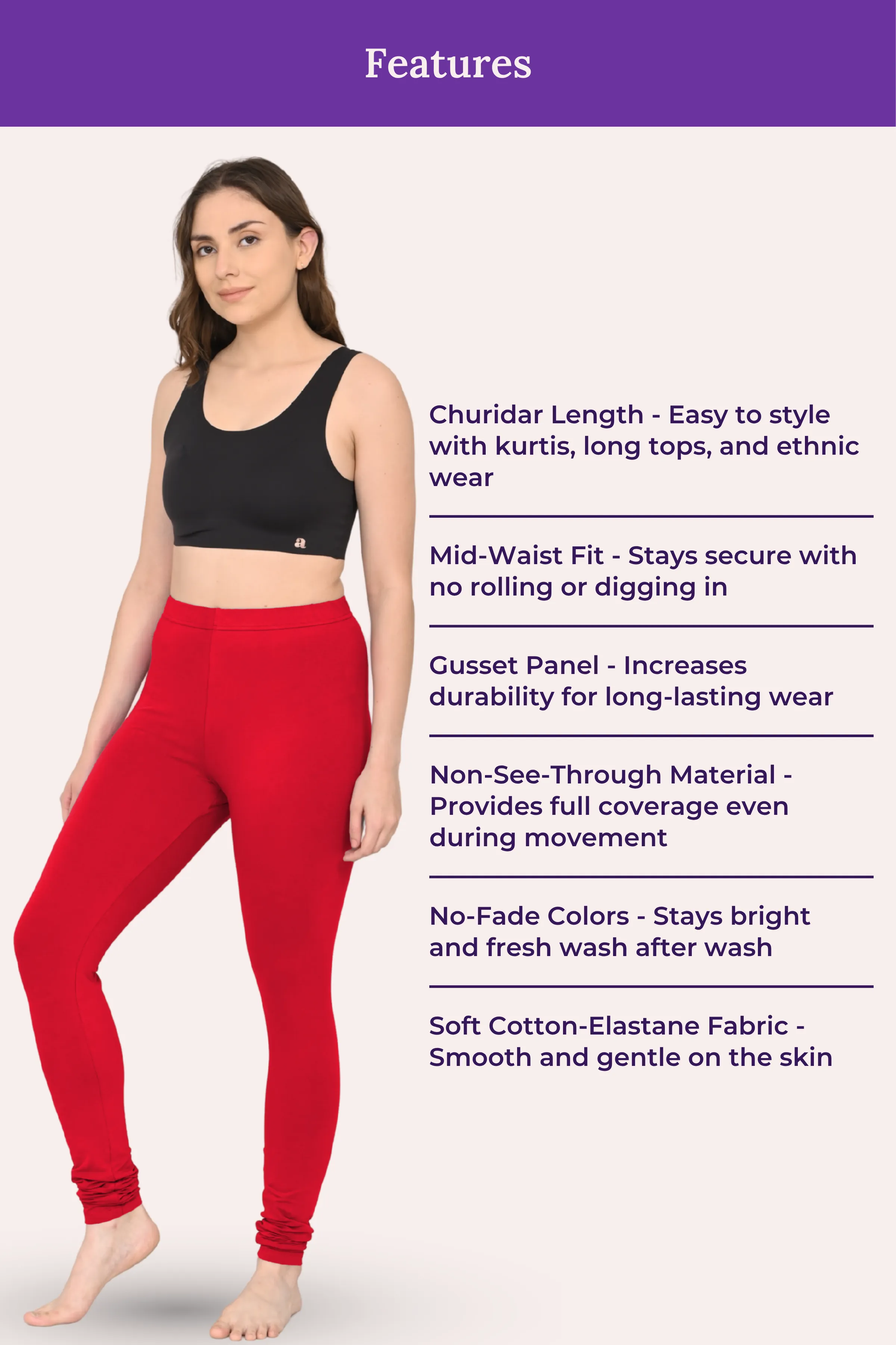 Women's Churidars | Mid Waist | Full Length | Ankle Gathers | Non-See-Through | Gusset Crotch to Prevent Ripping - Image 6
