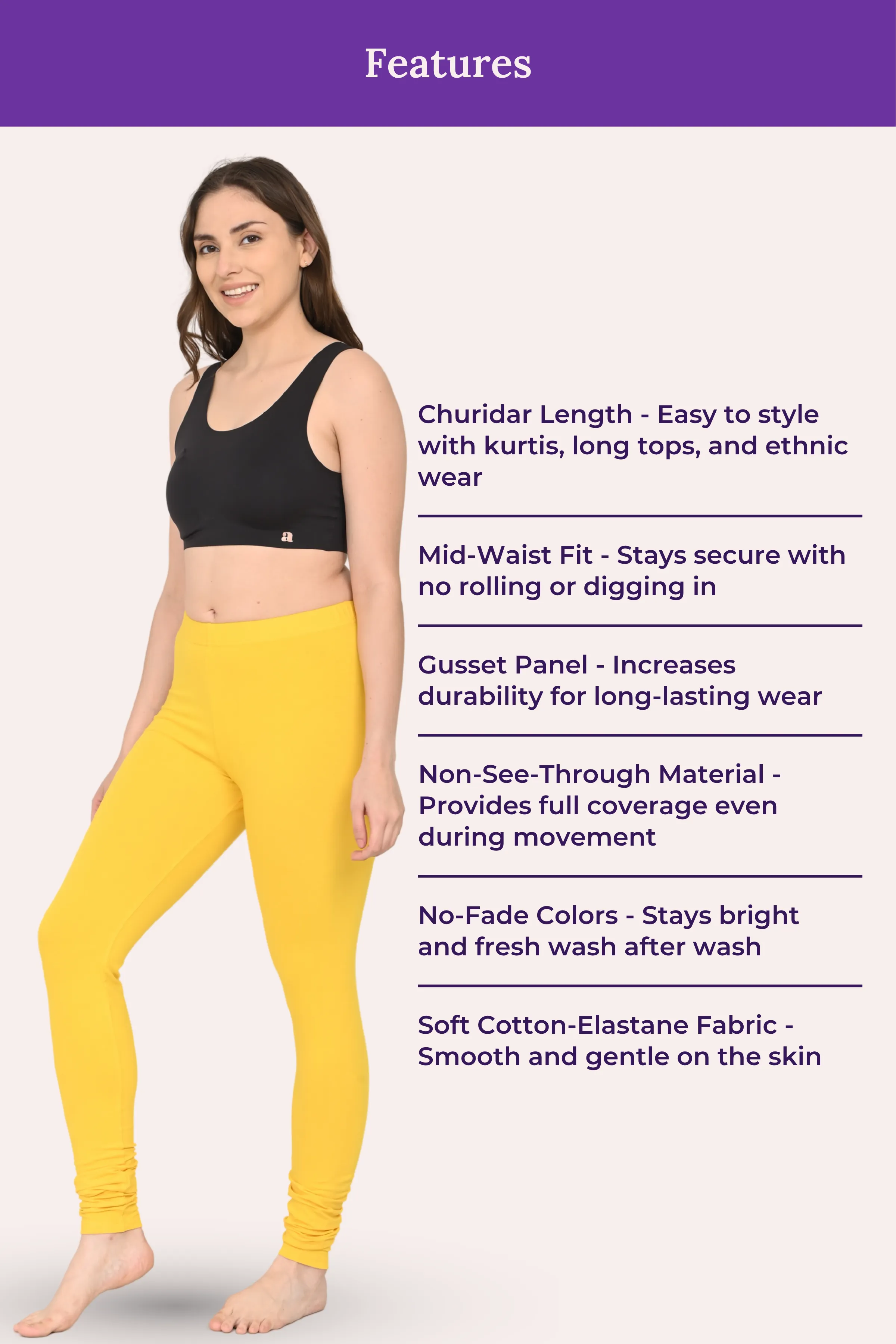 Women's Churidars | Mid Waist | Full Length | Ankle Gathers | Non-See-Through | Gusset Crotch to Prevent Ripping - Image 6