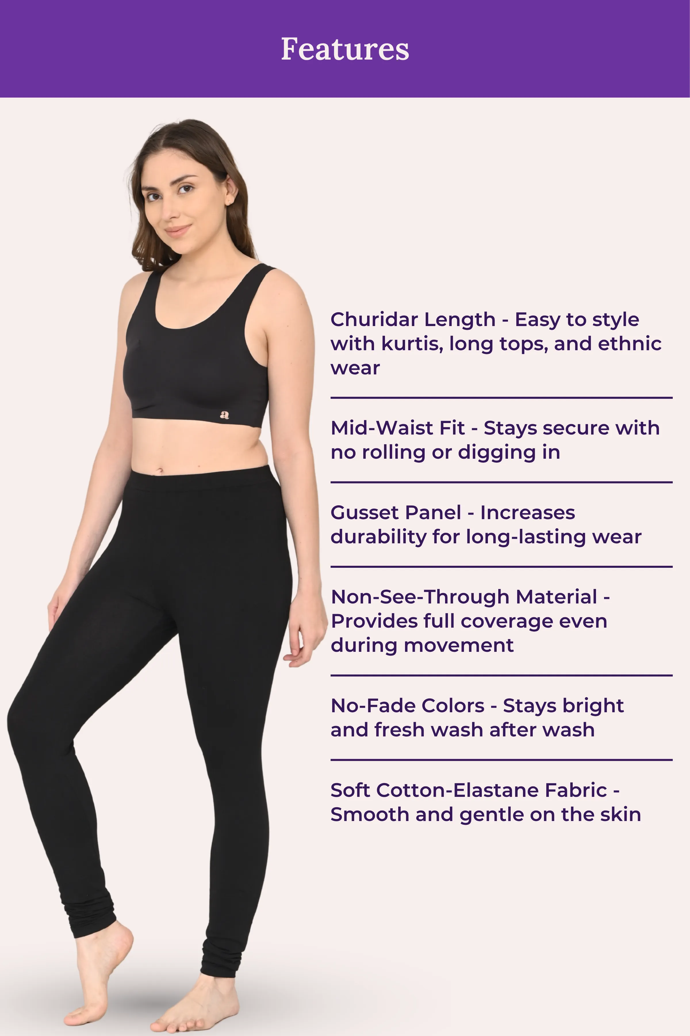 Women's Churidars | Mid Waist | Full Length | Ankle Gathers | Non-See-Through | Gusset Crotch to Prevent Ripping - Image 6