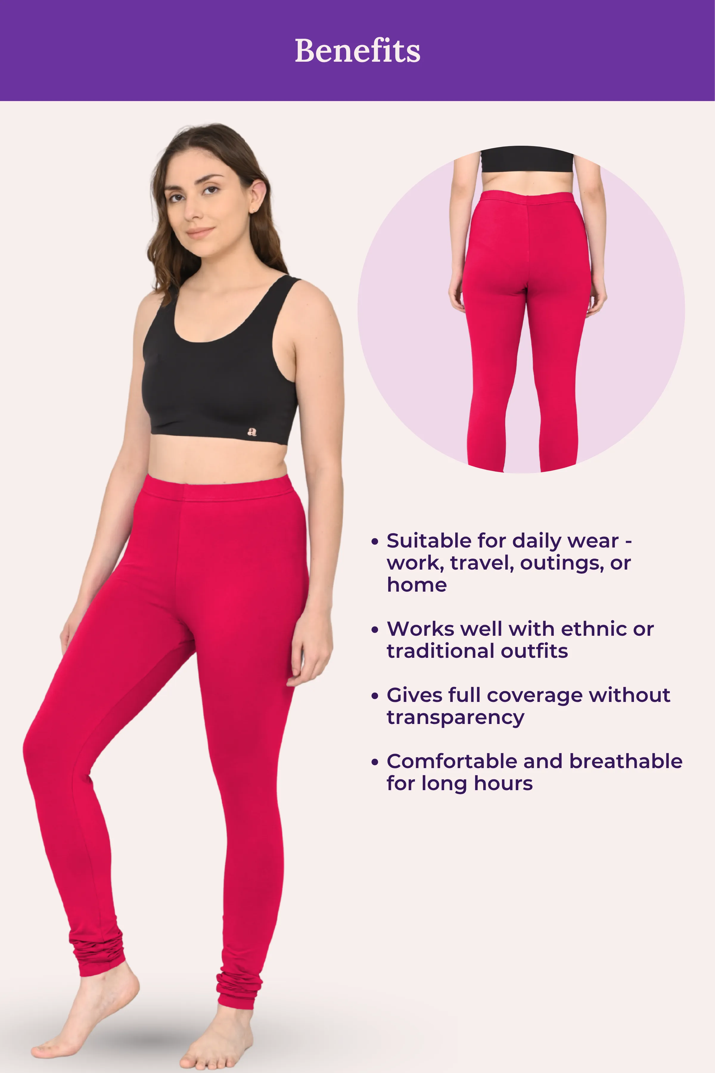 Women's Churidars | Mid Waist | Full Length | Ankle Gathers | Non-See-Through | Gusset Crotch to Prevent Ripping - Image 5