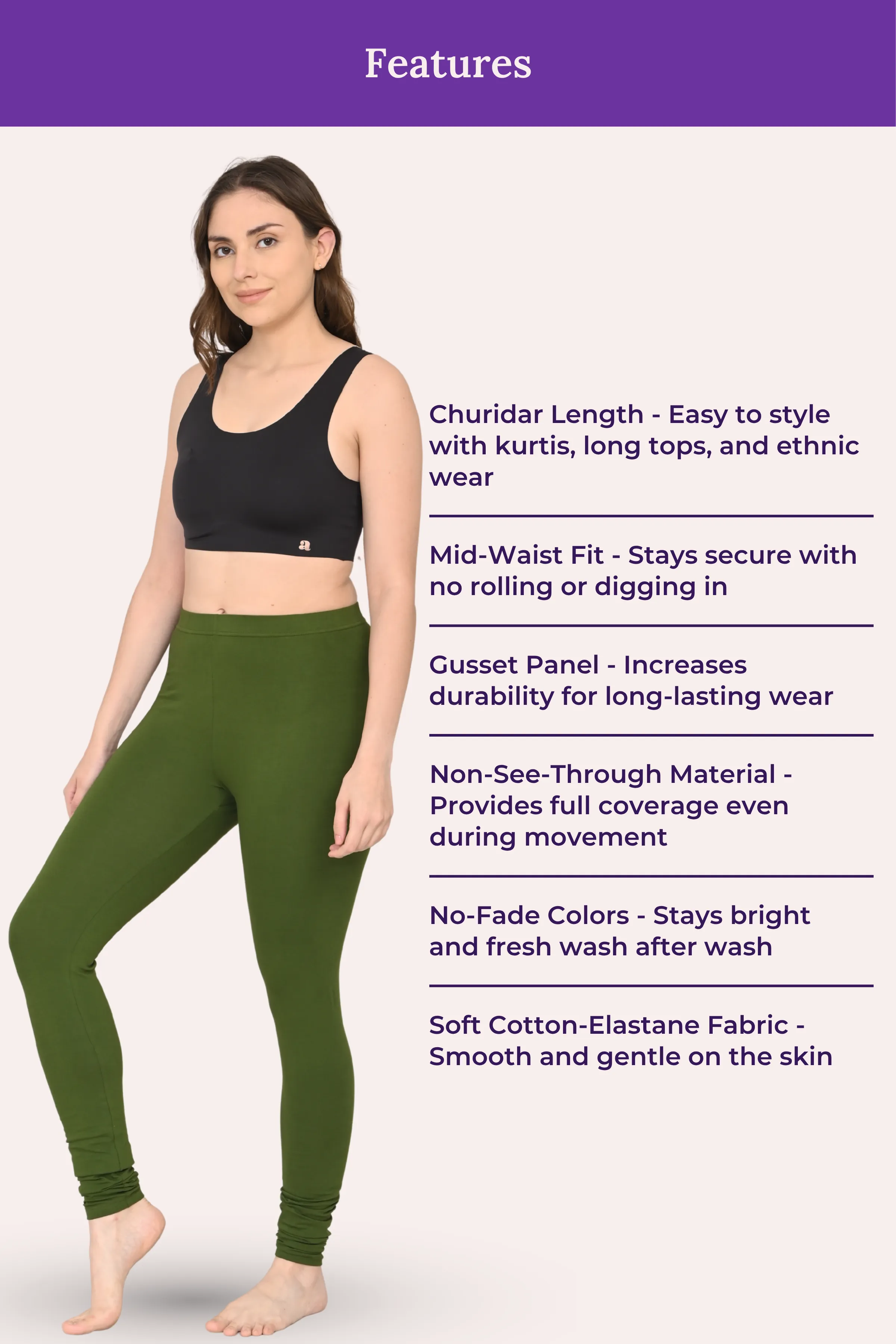 Women's Churidars | Mid Waist | Full Length | Ankle Gathers | Non-See-Through | Gusset Crotch to Prevent Ripping - Image 6