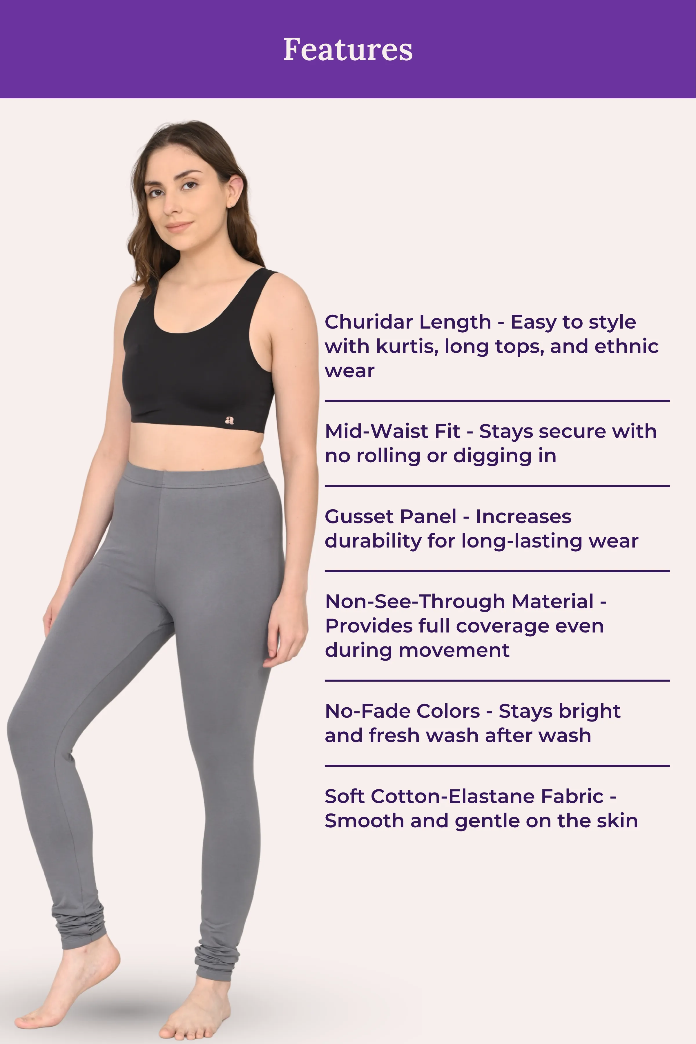 Women's Churidars | Mid Waist | Full Length | Ankle Gathers | Non-See-Through | Gusset Crotch to Prevent Ripping - Image 6