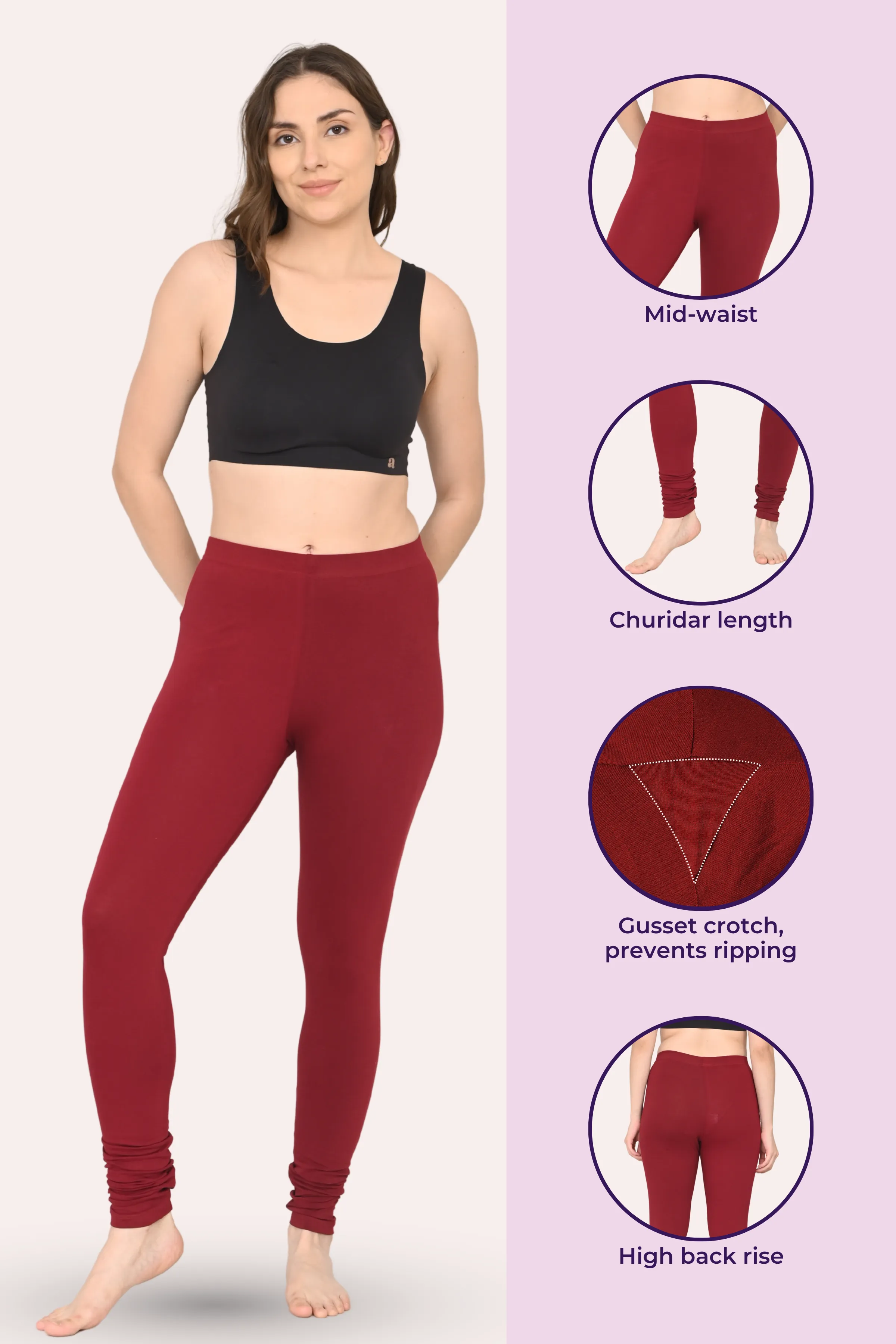 Women's Churidars | Mid Waist | Full Length | Ankle Gathers | Non-See-Through | Gusset Crotch to Prevent Ripping - Image 2