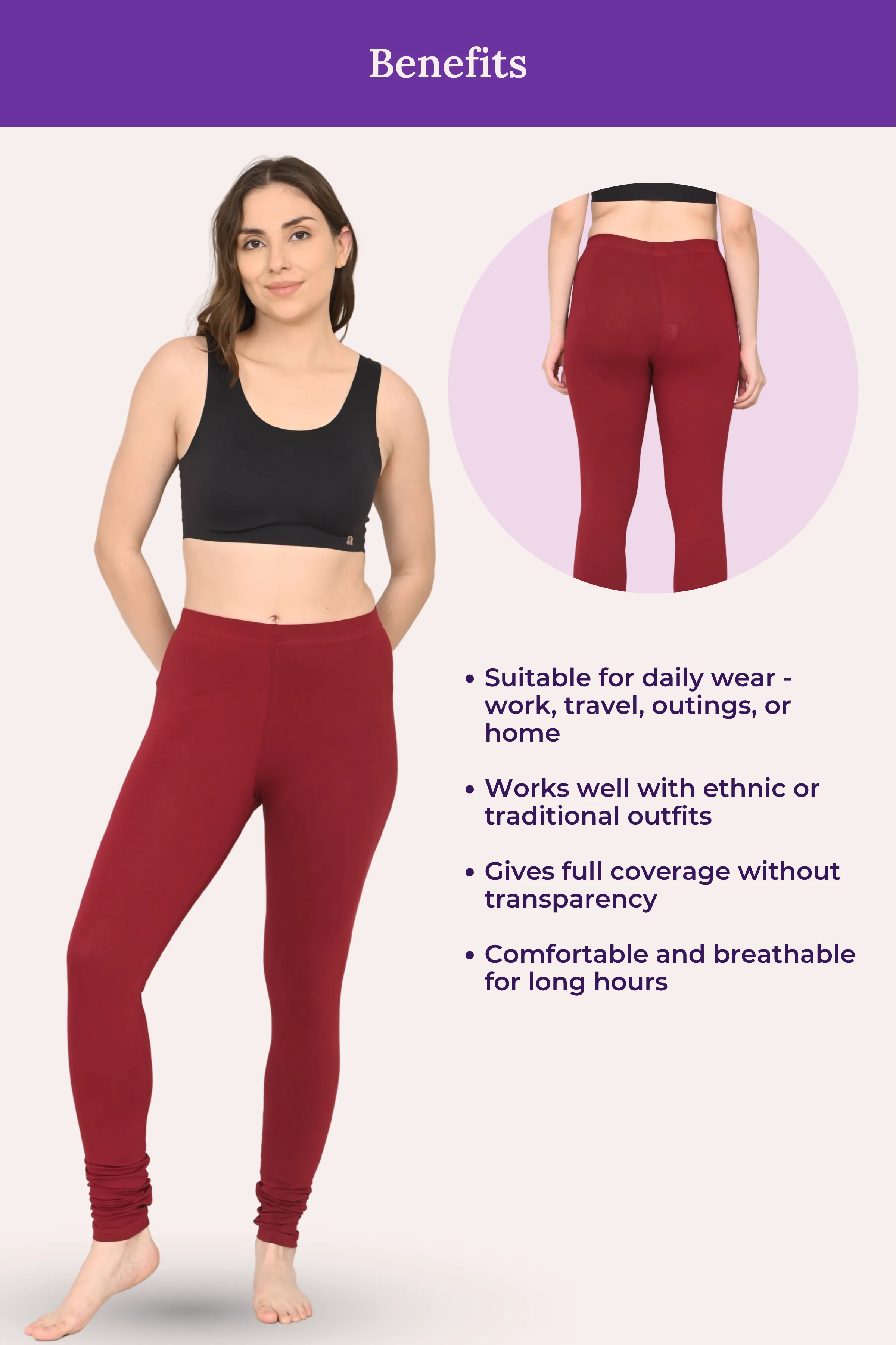 Women's Churidars | Mid Waist | Full Length | Ankle Gathers | Non-See-Through | Gusset Crotch to Prevent Ripping - Image 5
