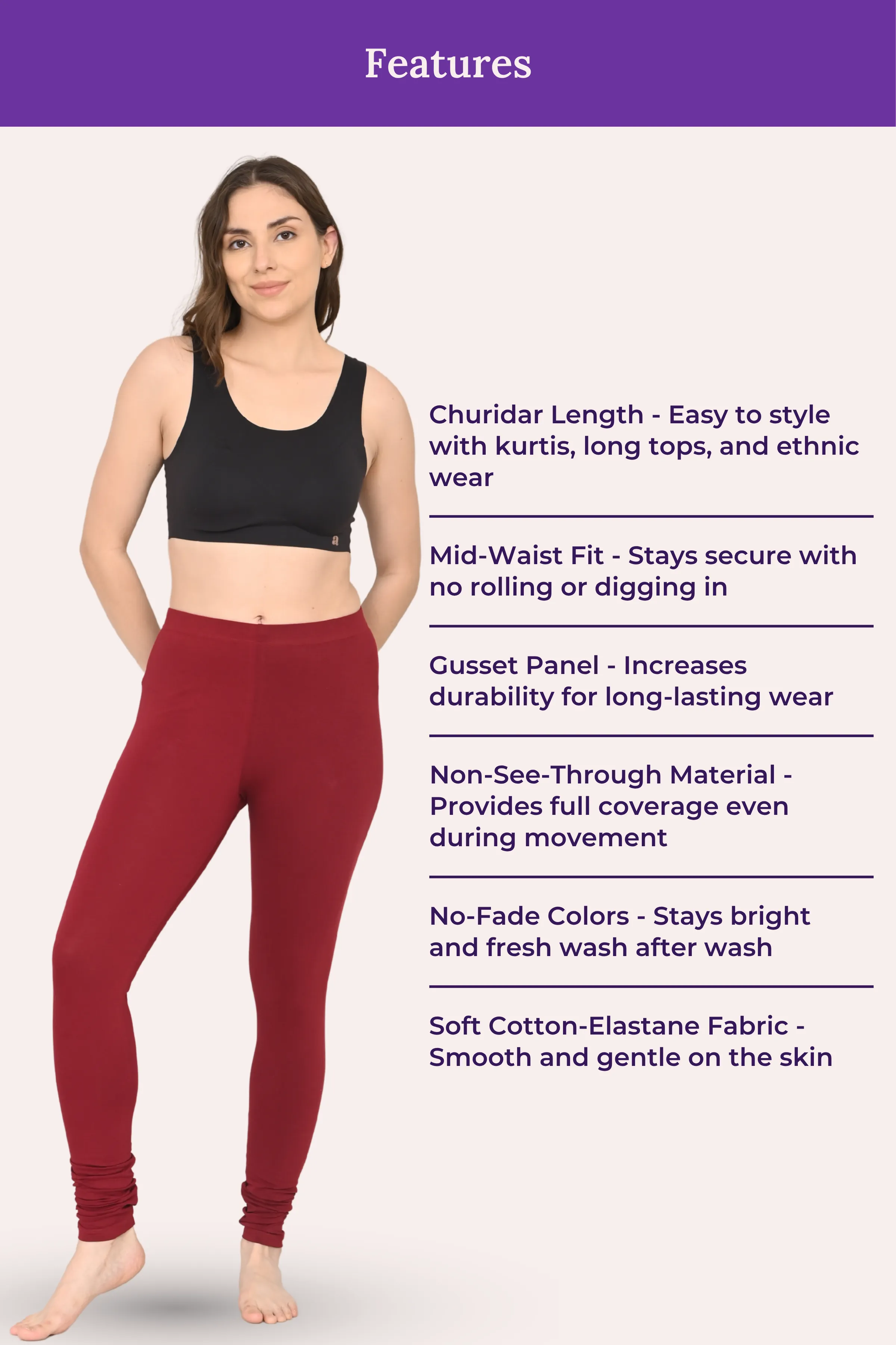 Women's Churidars | Mid Waist | Full Length | Ankle Gathers | Non-See-Through | Gusset Crotch to Prevent Ripping - Image 6