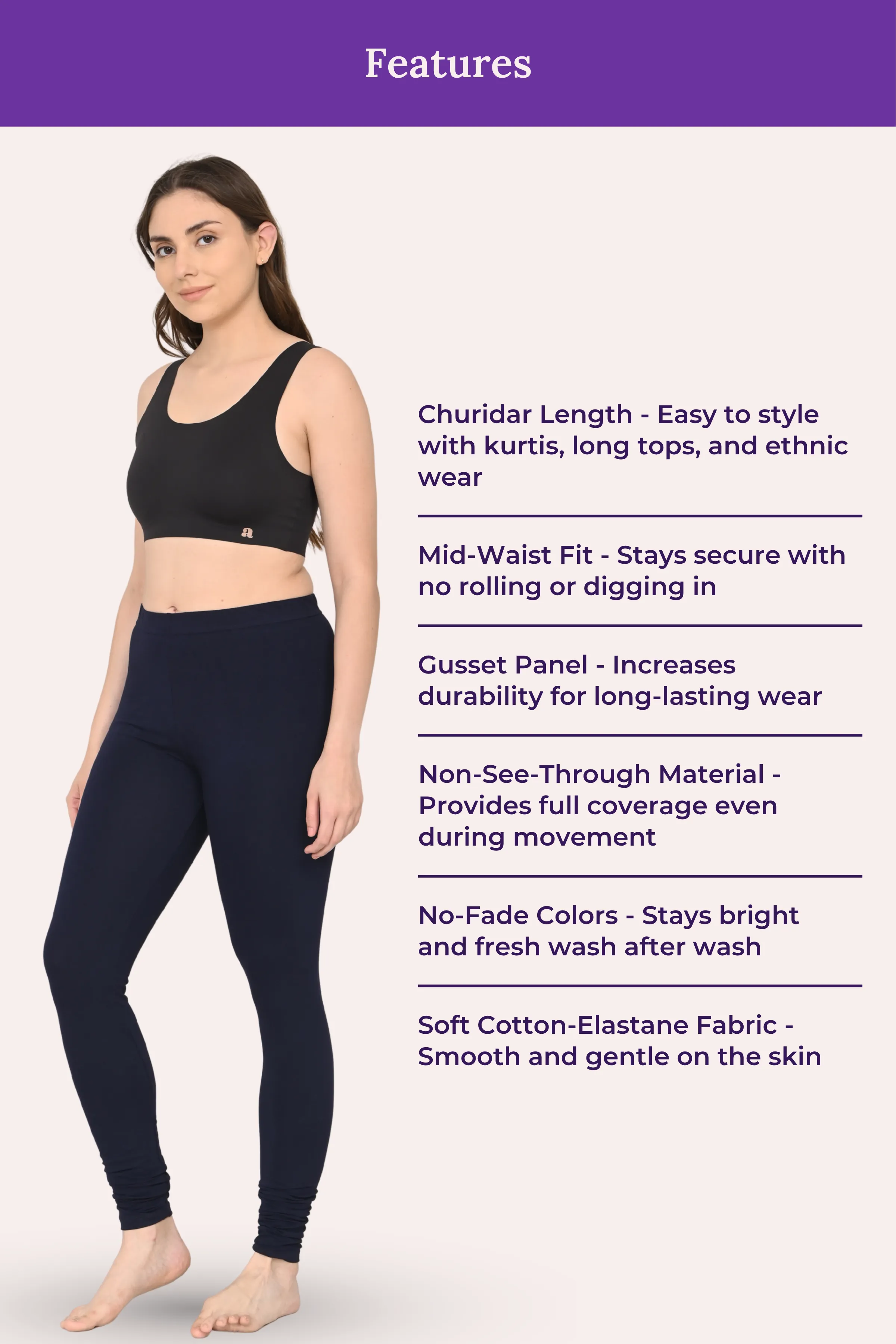 Women's Churidars | Mid Waist | Full Length | Ankle Gathers | Non-See-Through | Gusset Crotch to Prevent Ripping - Image 6
