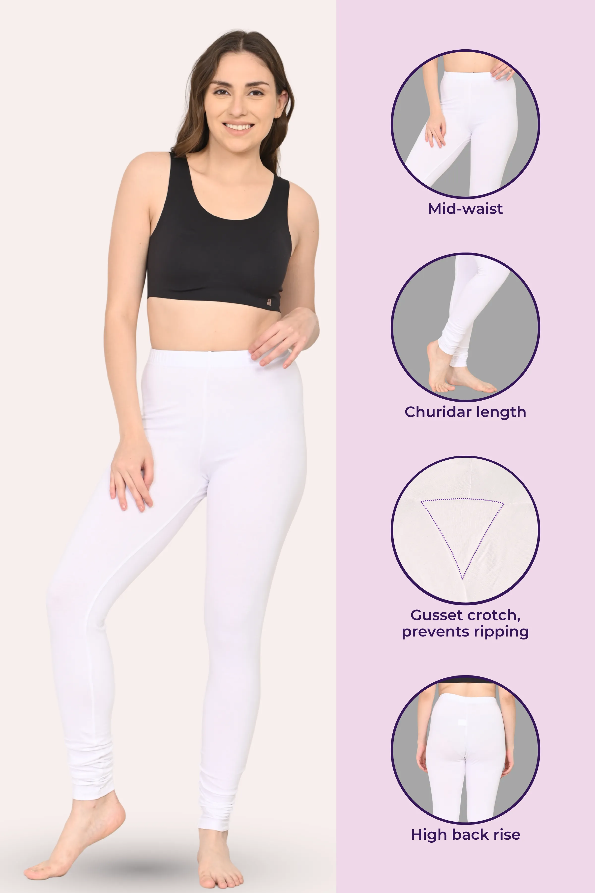 Women's Churidars | Mid Waist | Full Length | Ankle Gathers | Non-See-Through | Gusset Crotch to Prevent Ripping - Image 2