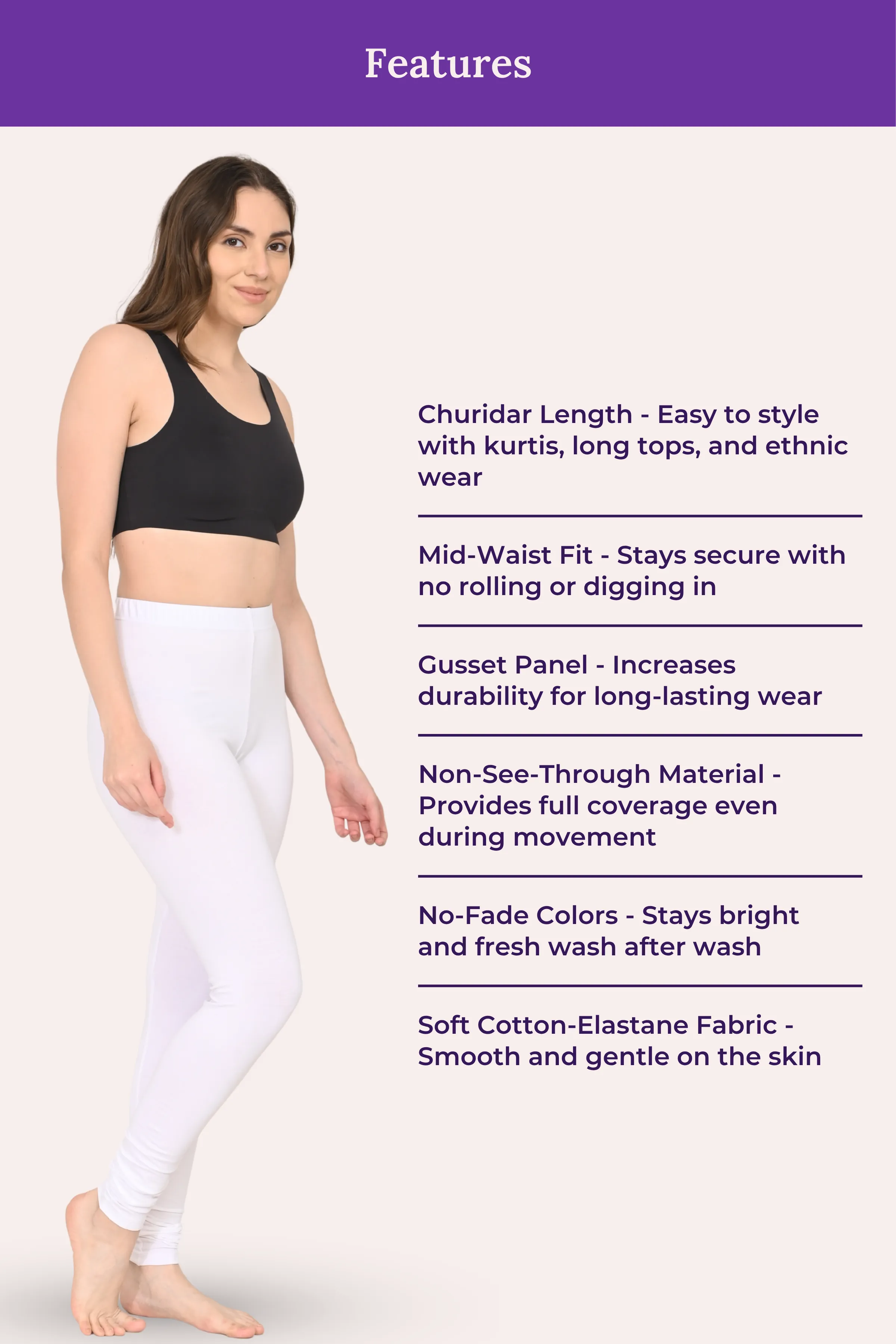 Women's Churidars | Mid Waist | Full Length | Ankle Gathers | Non-See-Through | Gusset Crotch to Prevent Ripping - Image 6