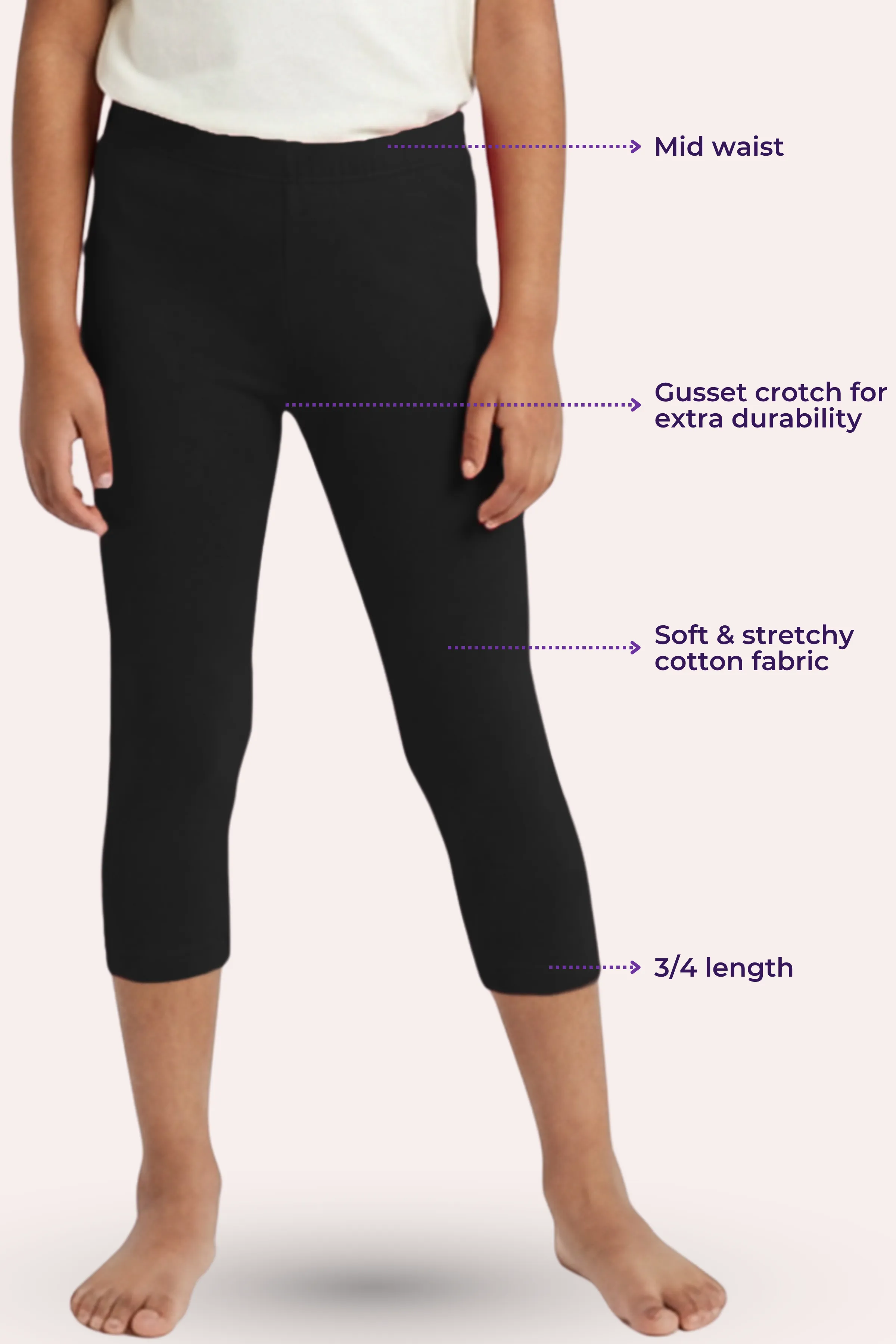 Girls’ Cropped Leggings | Mid Waist | 3/4 Length | Cotton–Elastane Blend | Non-See-Through | Gusset Crotch to Prevent Ripping - Image 3