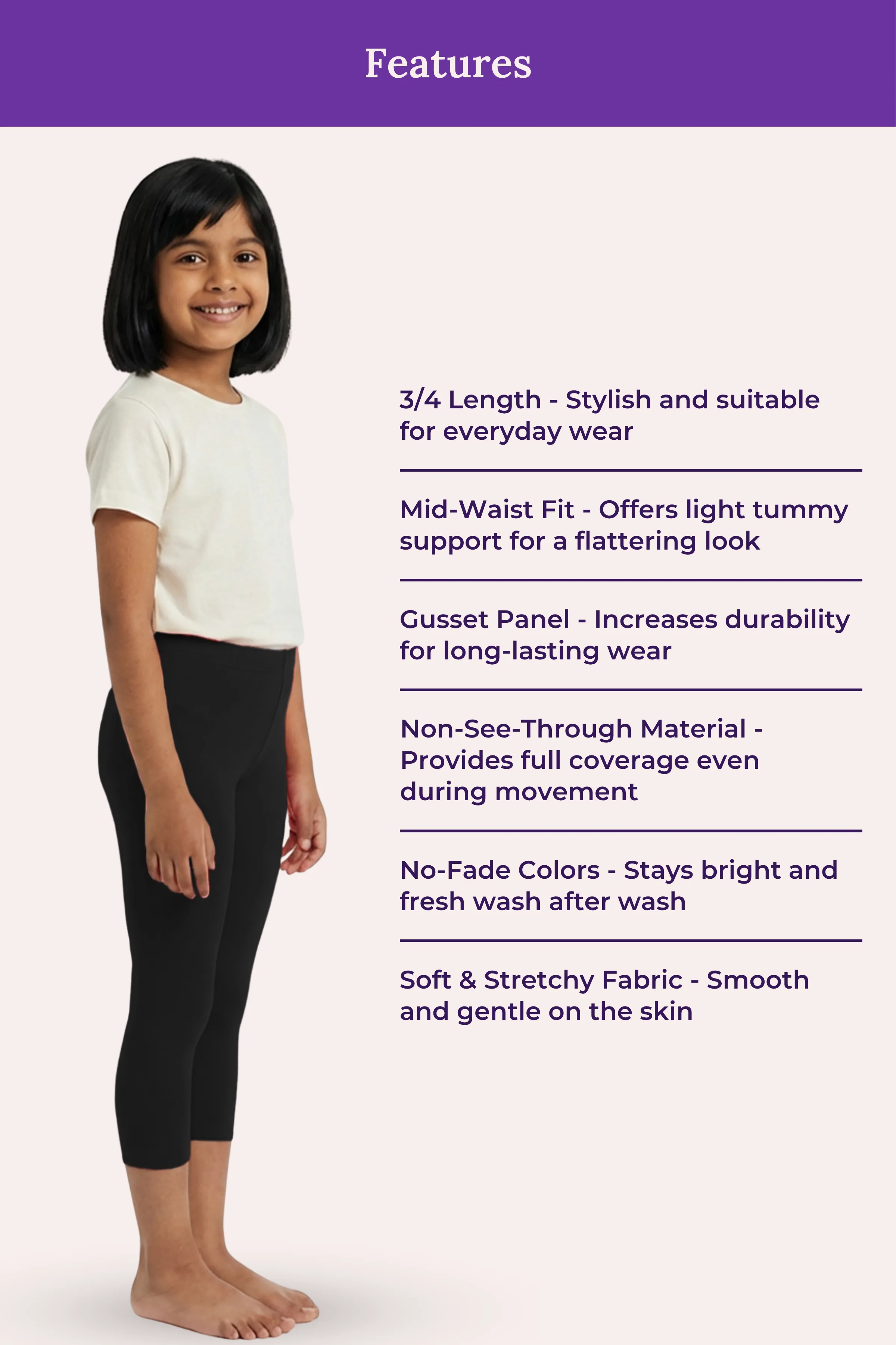 Girls’ Cropped Leggings | Mid Waist | 3/4 Length | Cotton–Elastane Blend | Non-See-Through | Gusset Crotch to Prevent Ripping - Image 6