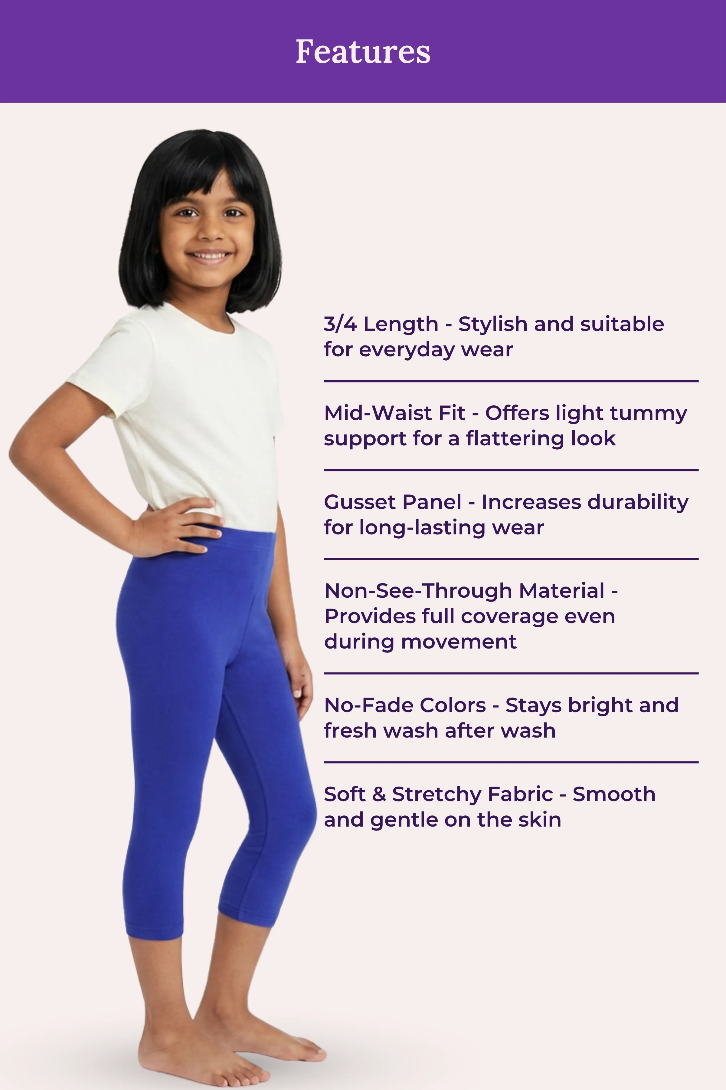Girls’ Cropped Leggings | Mid Waist | 3/4 Length | Cotton–Elastane Blend | Non-See-Through | Gusset Crotch to Prevent Ripping - Image 6