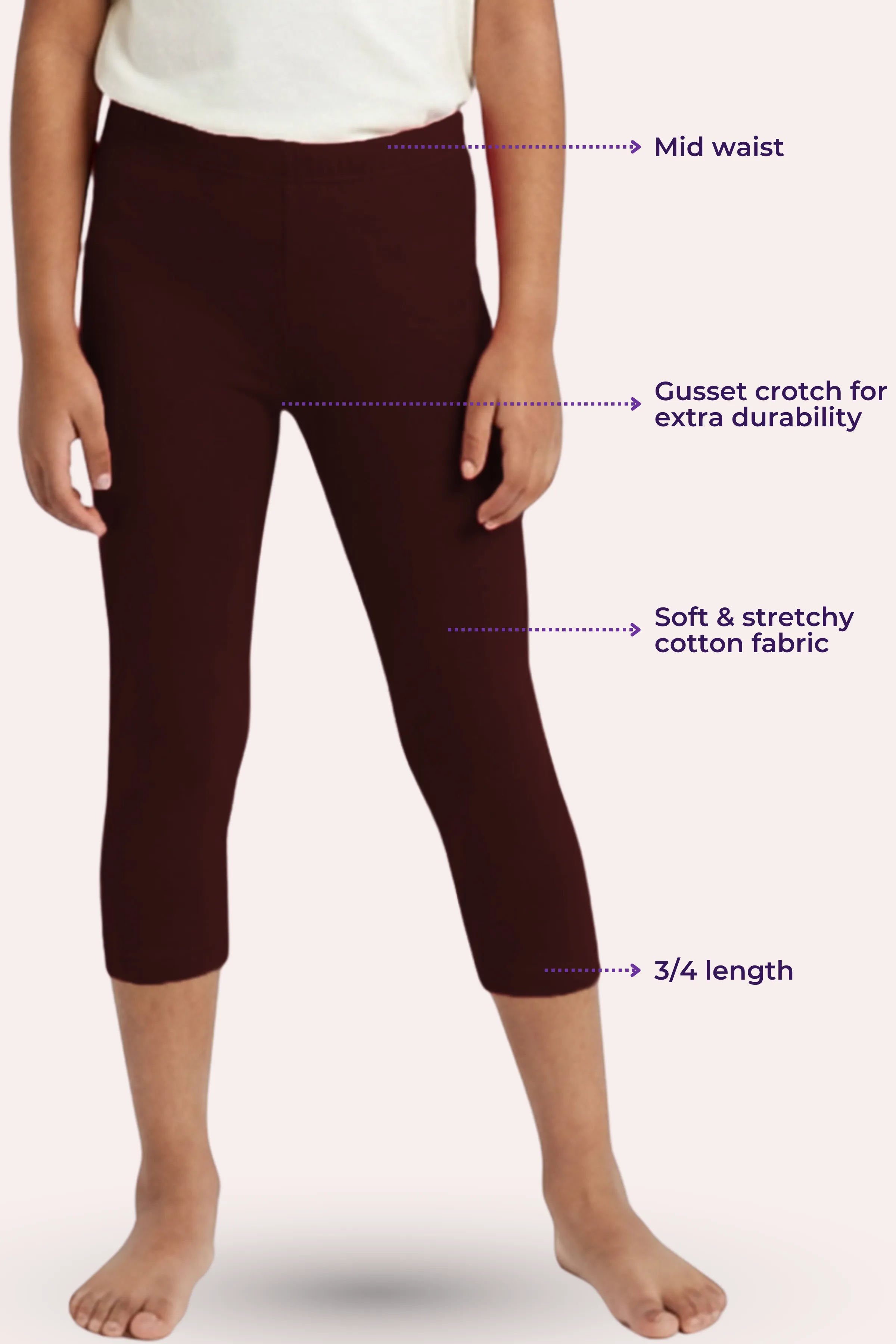 Girls’ Cropped Leggings | Mid Waist | 3/4 Length | Cotton–Elastane Blend | Non-See-Through | Gusset Crotch to Prevent Ripping - Image 3