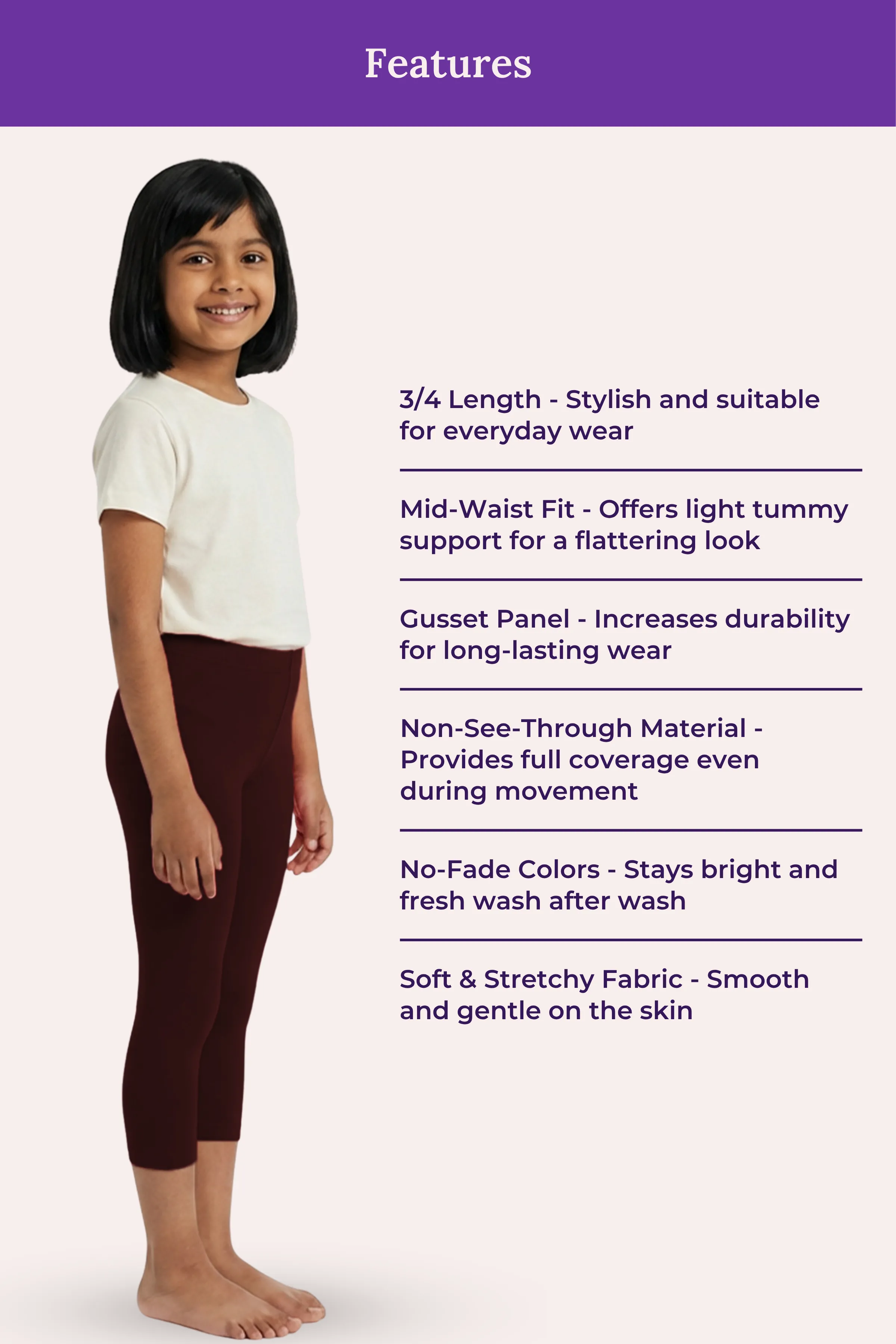 Girls’ Cropped Leggings | Mid Waist | 3/4 Length | Cotton–Elastane Blend | Non-See-Through | Gusset Crotch to Prevent Ripping - Image 6