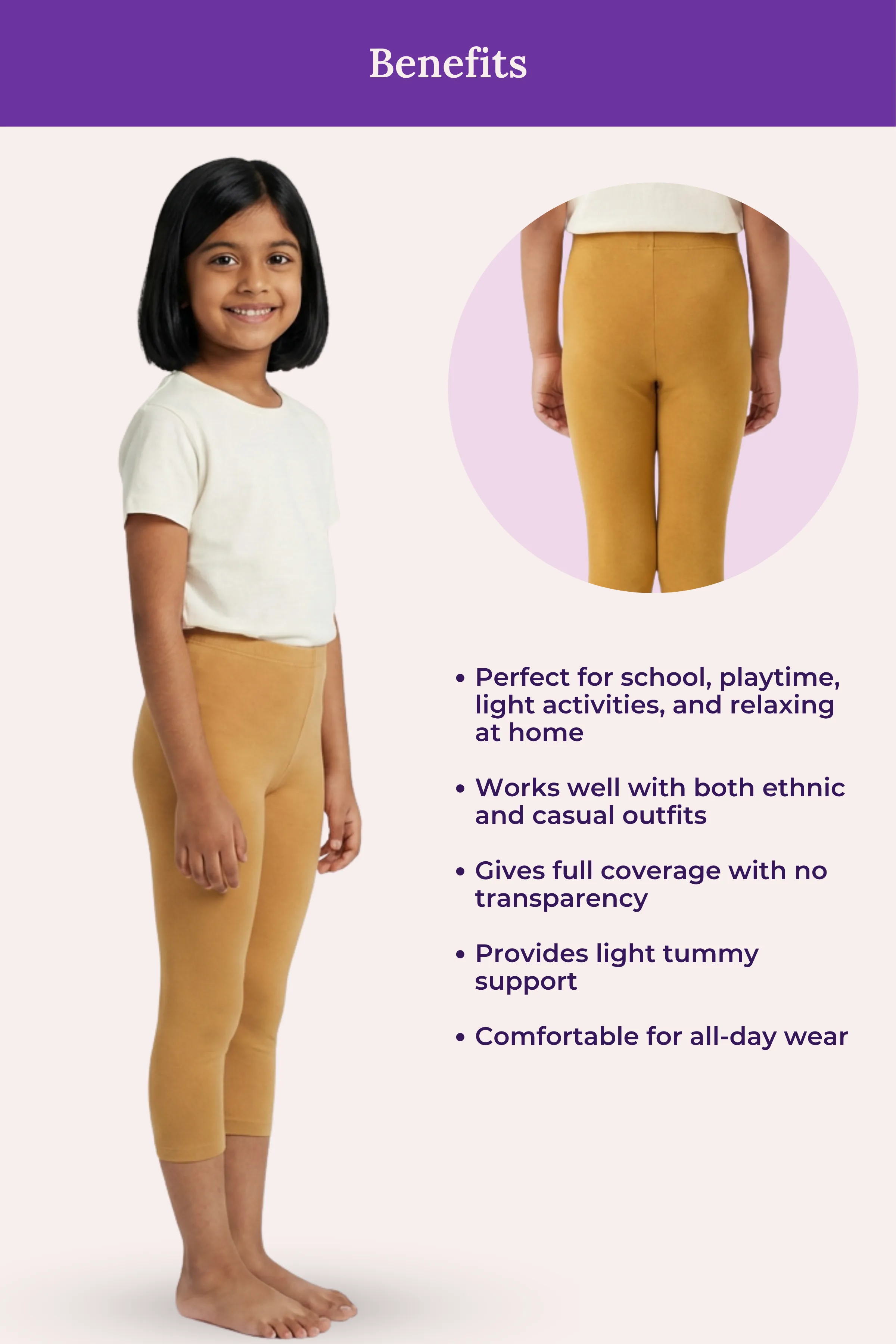 Girls’ Cropped Leggings | Mid Waist | 3/4 Length | Cotton–Elastane Blend | Non-See-Through | Gusset Crotch to Prevent Ripping - Image 5
