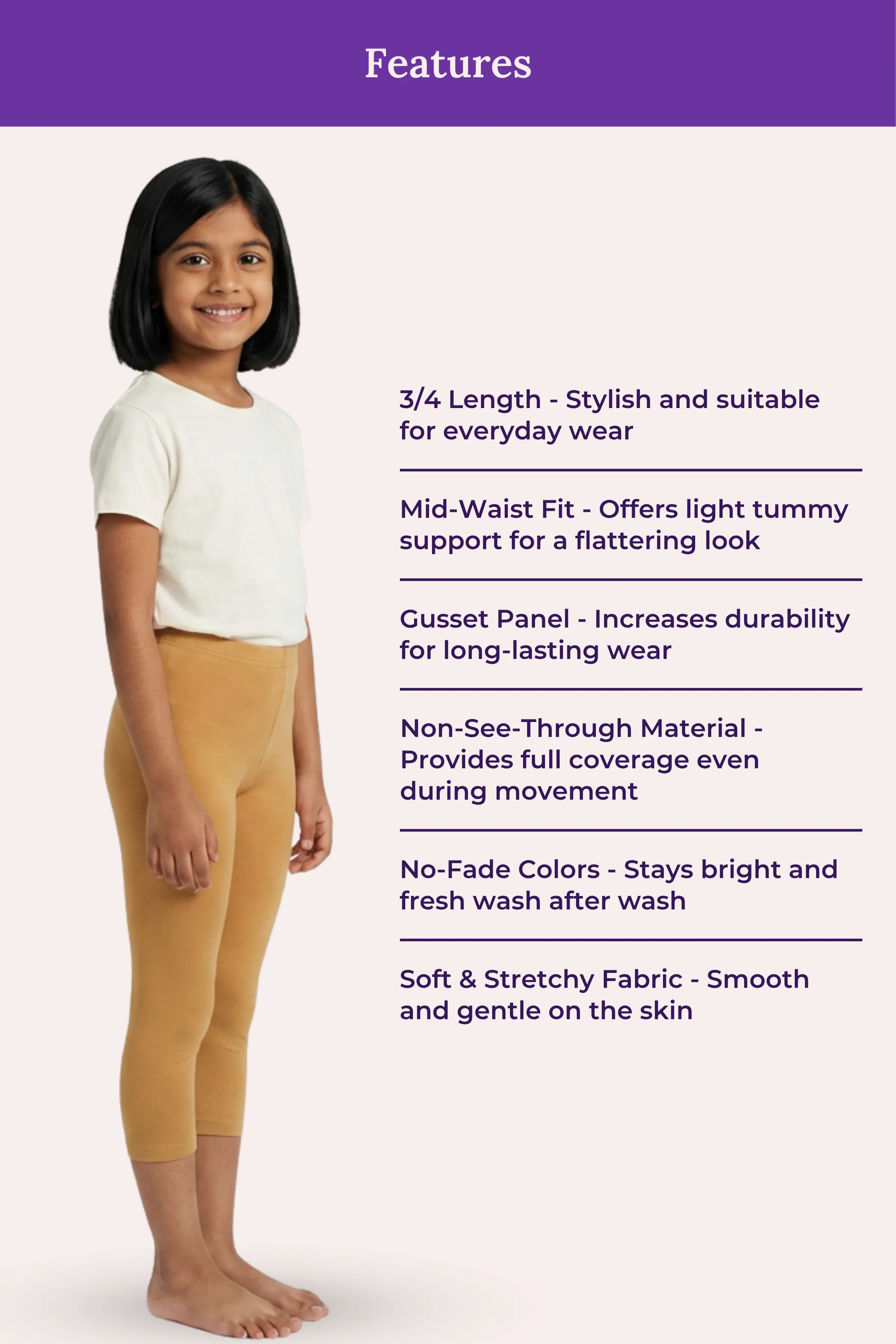 Girls’ Cropped Leggings | Mid Waist | 3/4 Length | Cotton–Elastane Blend | Non-See-Through | Gusset Crotch to Prevent Ripping - Image 6