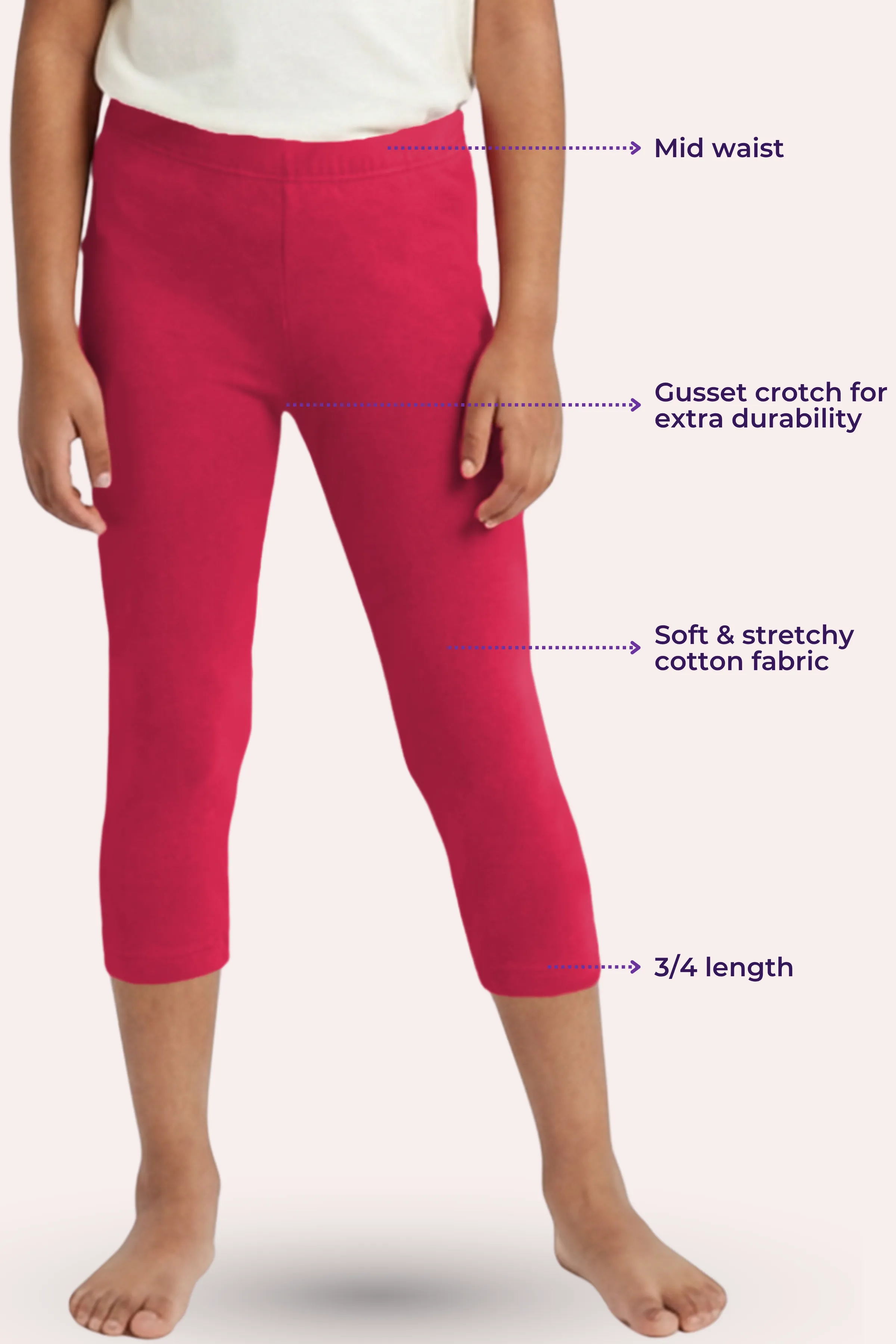 Girls’ Cropped Leggings | Mid Waist | 3/4 Length | Cotton–Elastane Blend | Non-See-Through | Gusset Crotch to Prevent Ripping - Image 3