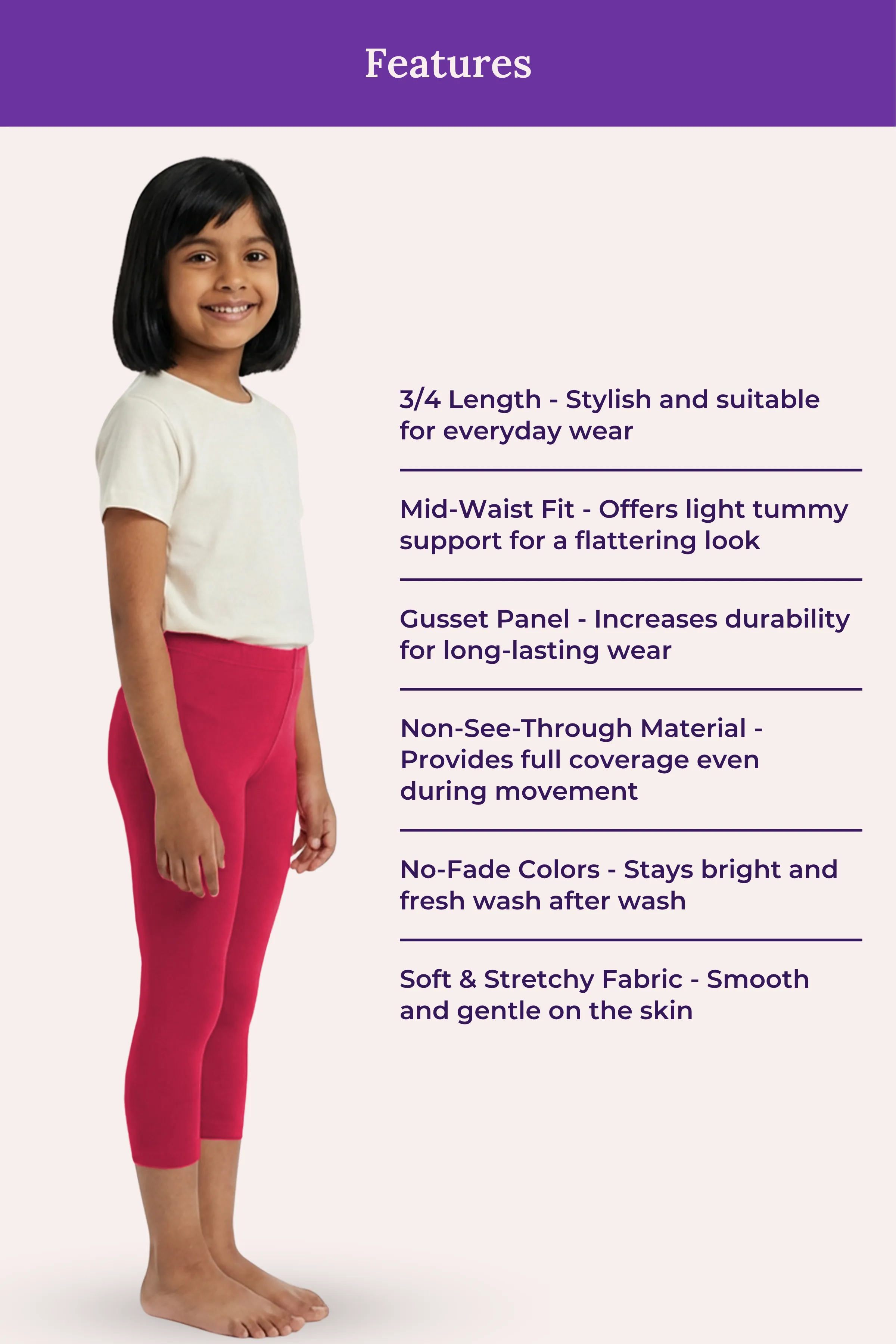 Girls’ Cropped Leggings | Mid Waist | 3/4 Length | Cotton–Elastane Blend | Non-See-Through | Gusset Crotch to Prevent Ripping - Image 6