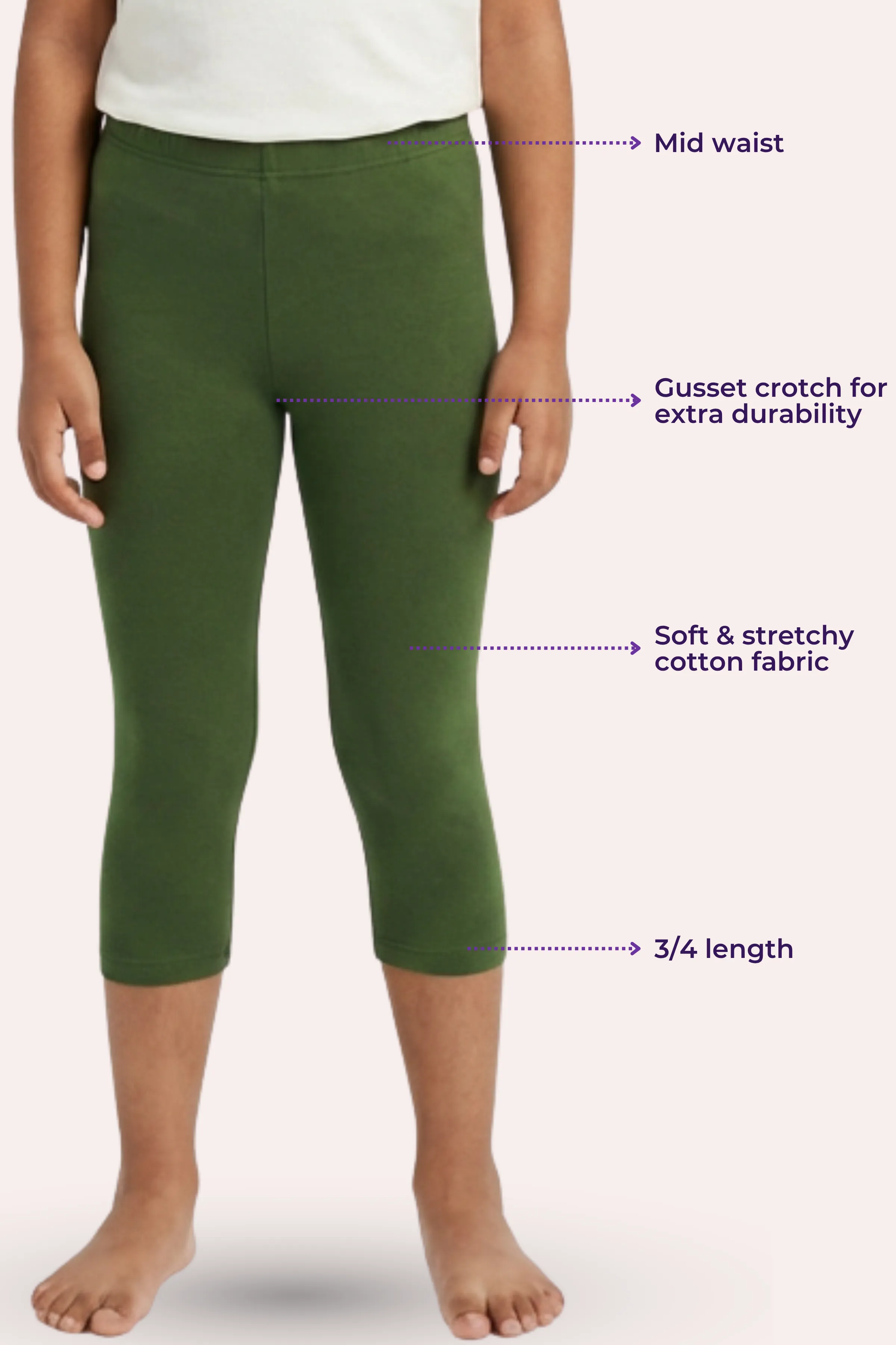 Girls’ Cropped Leggings | Mid Waist | 3/4 Length | Cotton–Elastane Blend | Non-See-Through | Gusset Crotch to Prevent Ripping - Image 3