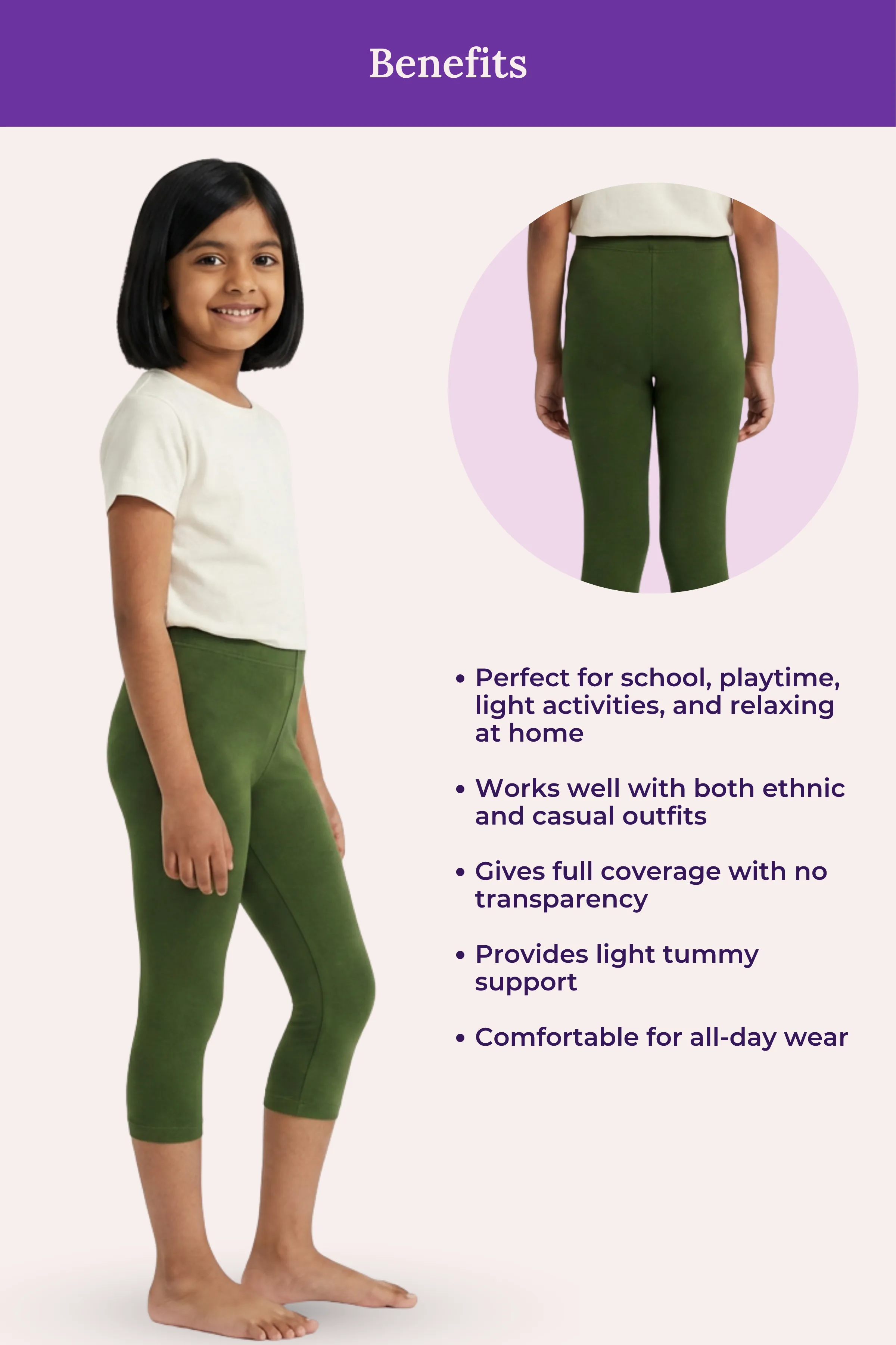 Girls’ Cropped Leggings | Mid Waist | 3/4 Length | Cotton–Elastane Blend | Non-See-Through | Gusset Crotch to Prevent Ripping - Image 5