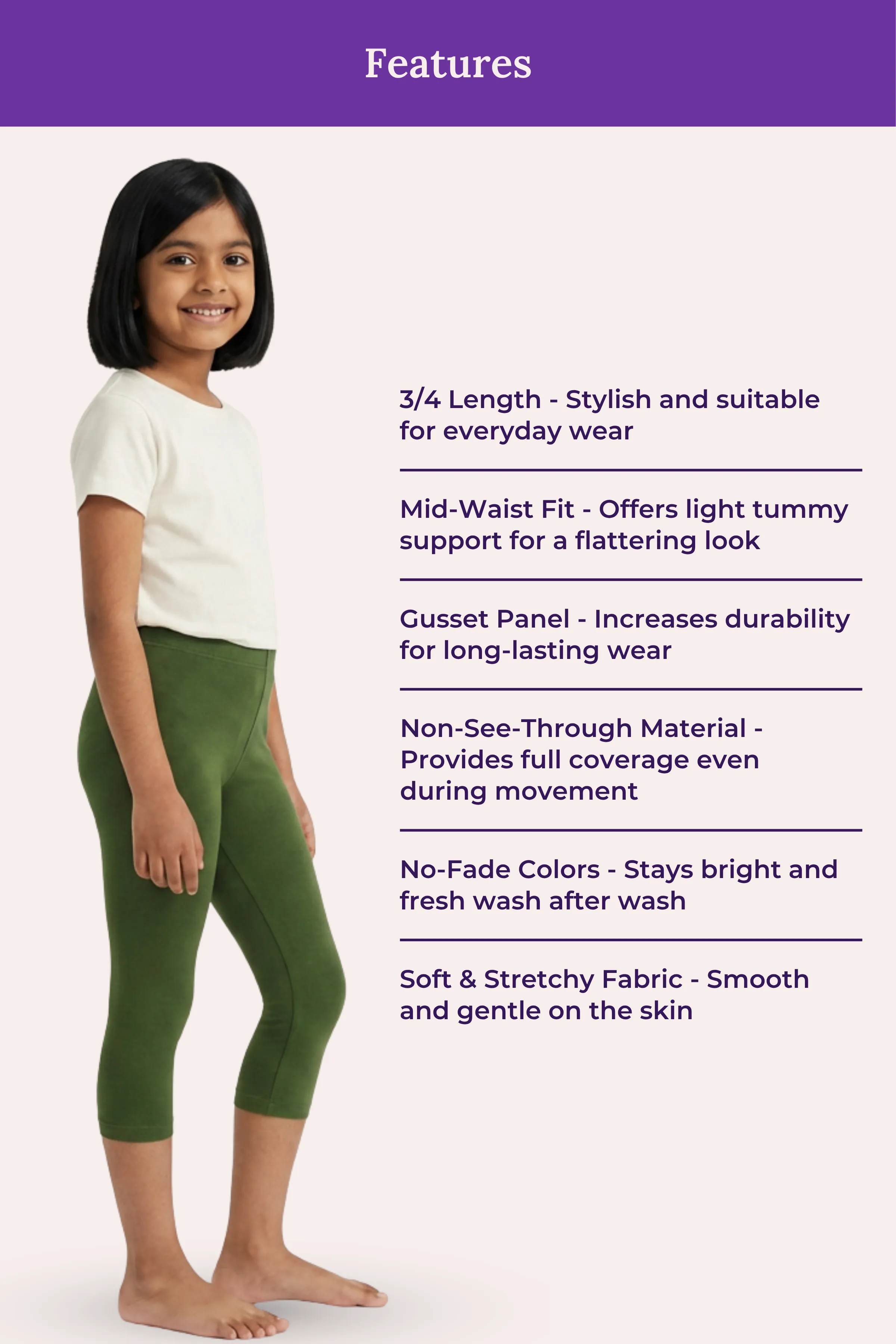 Girls’ Cropped Leggings | Mid Waist | 3/4 Length | Cotton–Elastane Blend | Non-See-Through | Gusset Crotch to Prevent Ripping - Image 6